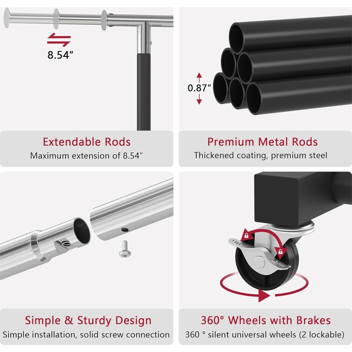 Perchero Rodante JIUYOTREE con Estante de Malla Negro Ajustable
