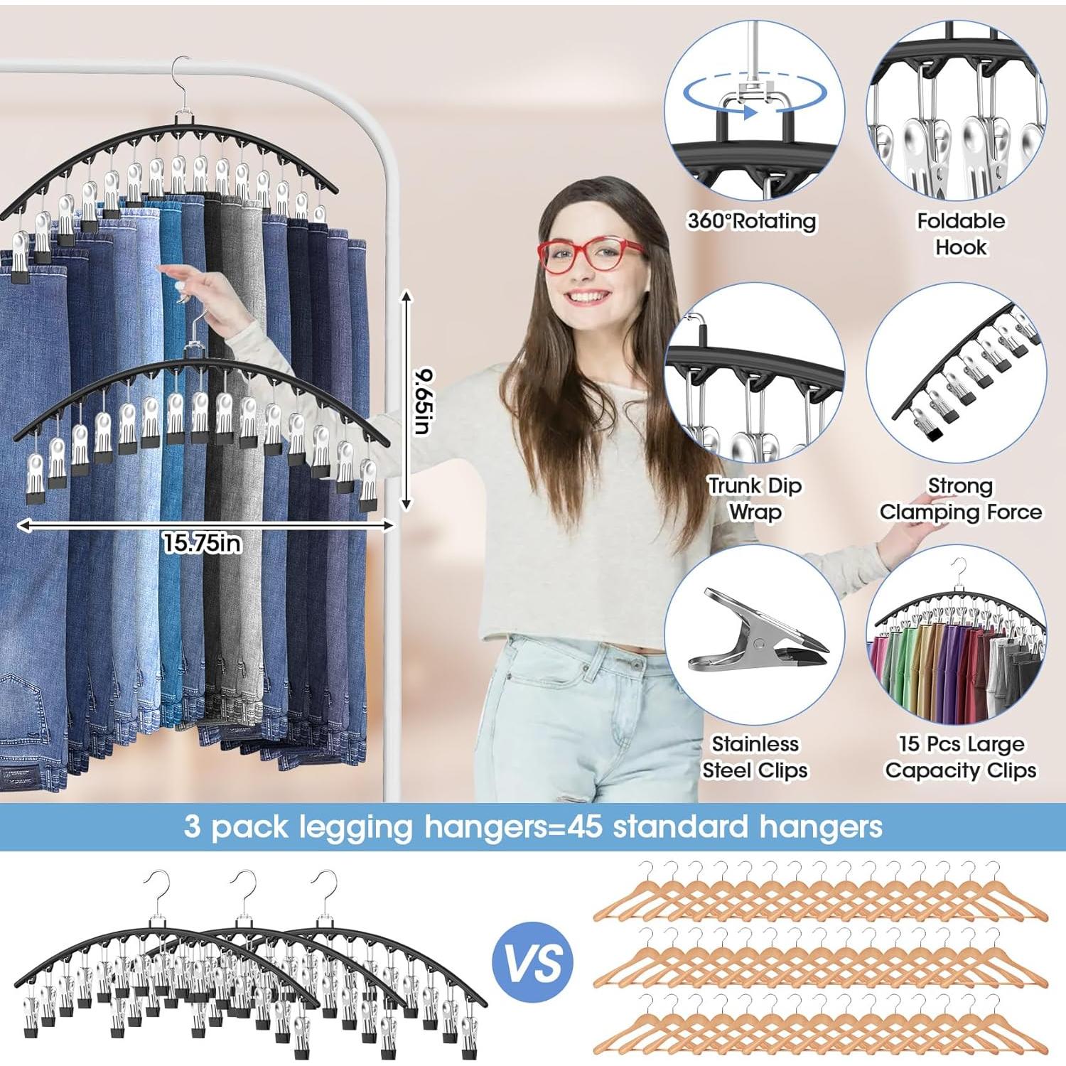 Organizador de Leggings Besslly - Paquete de 3 Perchas con 15 Clips