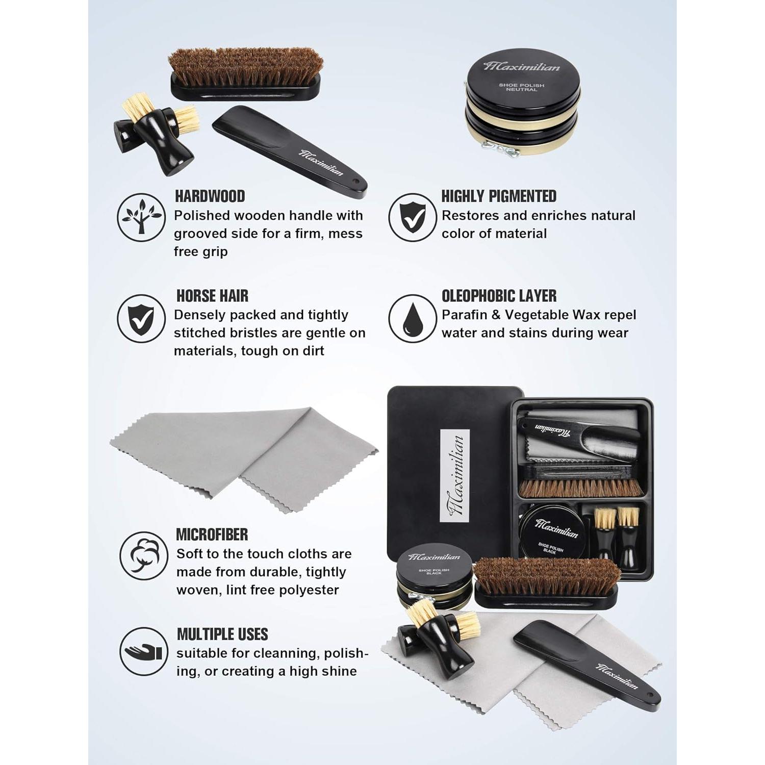 Kit de Cuidado de Zapatos Maximilian 7 Piezas - Brillo de Cuero Negro