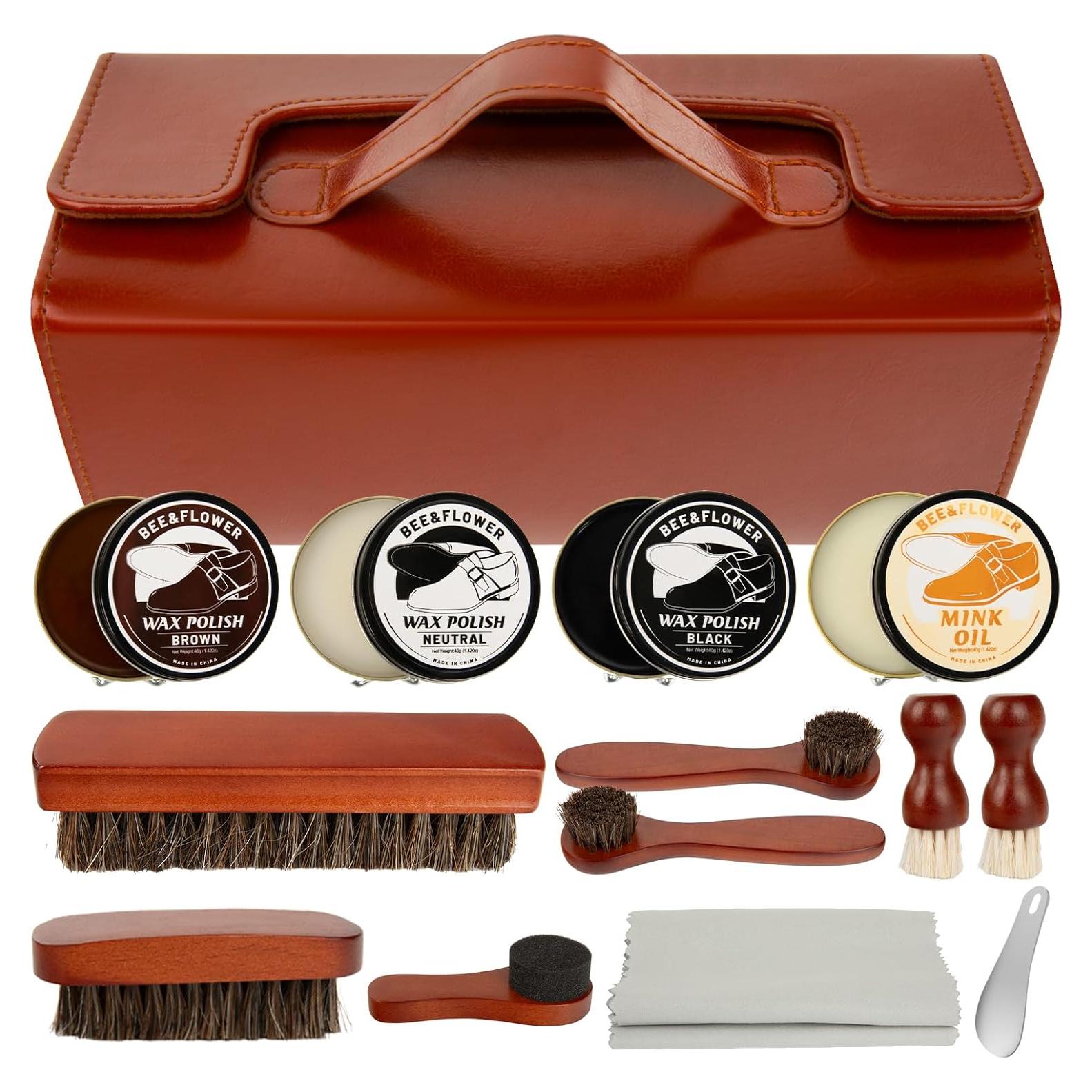 Kit de Cuidado de Zapatos BEE&FLOWER 15PCS con Cepillo y Estuche