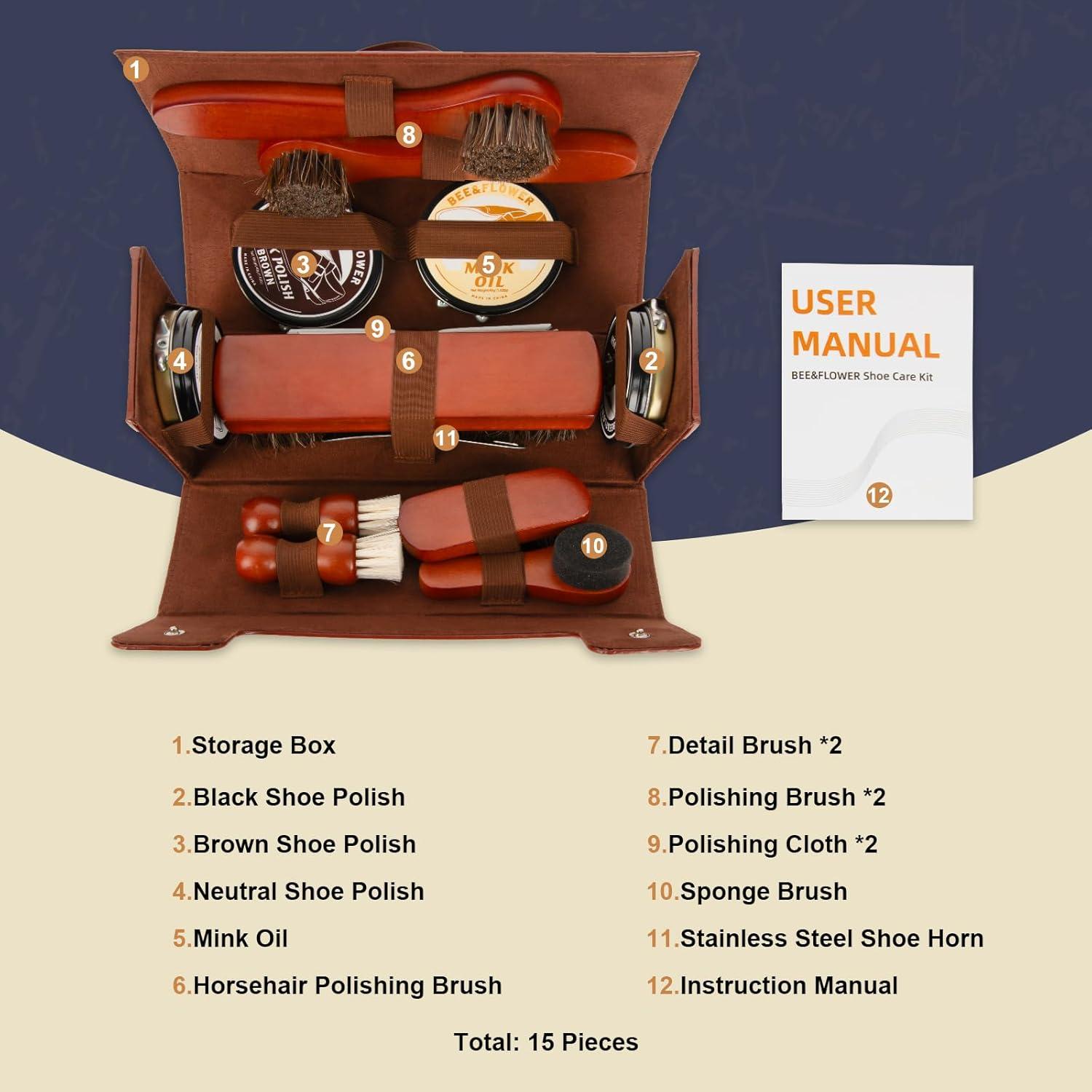 Kit de Cuidado de Zapatos BEE&FLOWER 15PCS con Cepillo y Estuche