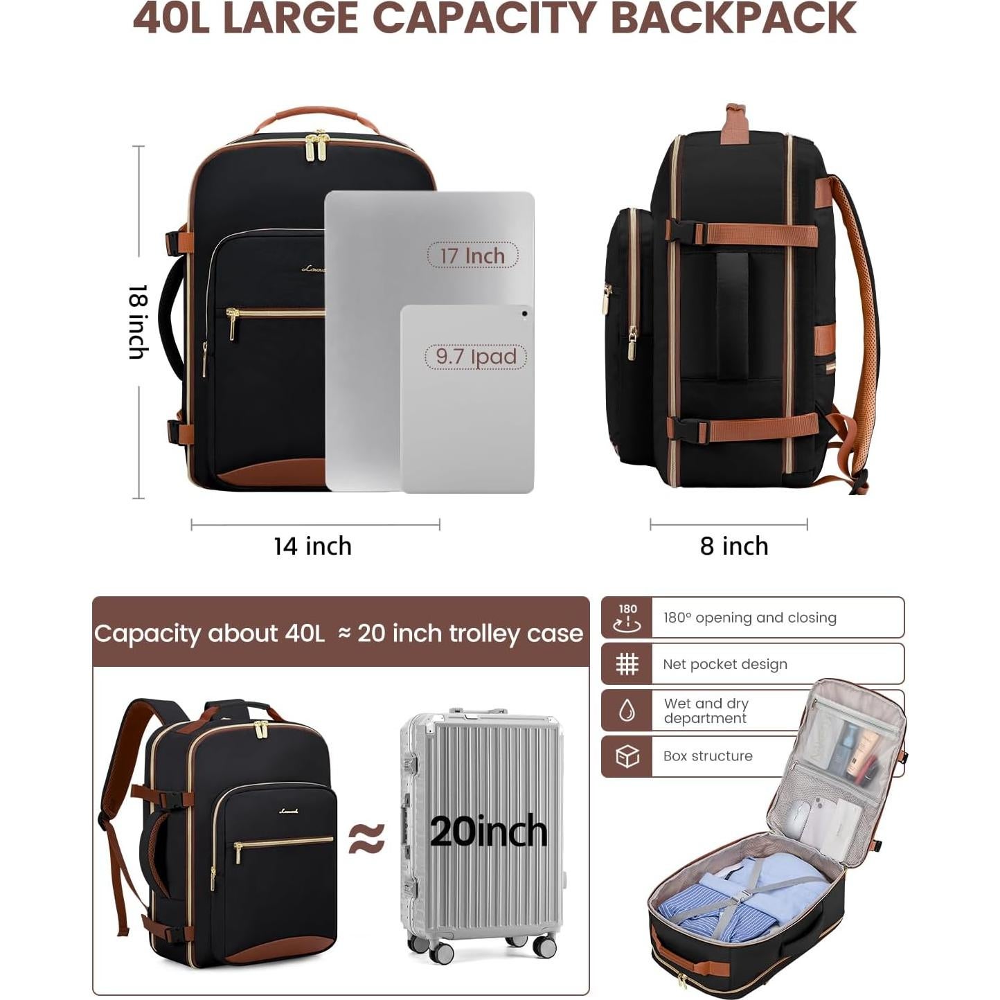 Mochila de Viaje LOVEVOOK 40L Unisex Aprobada por Aerolíneas