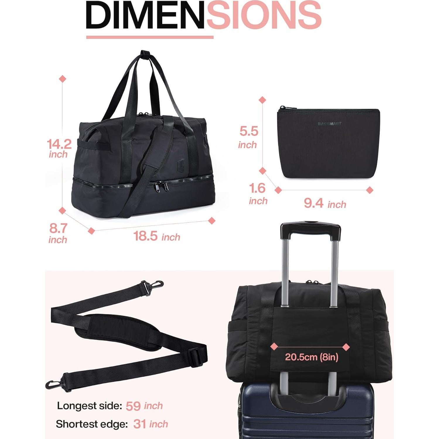 Bolsa de viaje BAGSMART para mujeres 37L con compartimento para zapatos