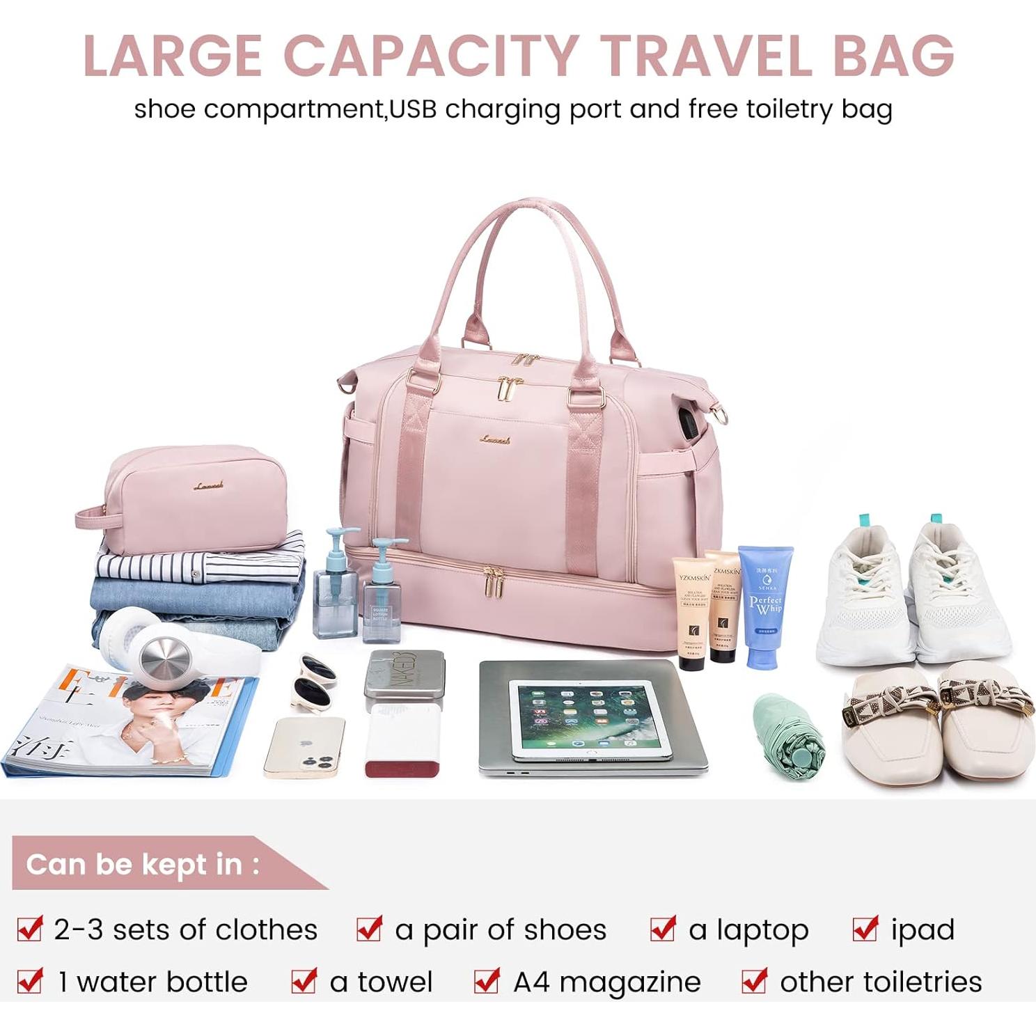 Bolsa de gimnasio LOVEVOOK Rosa Claro con puerto USB y compartimentos