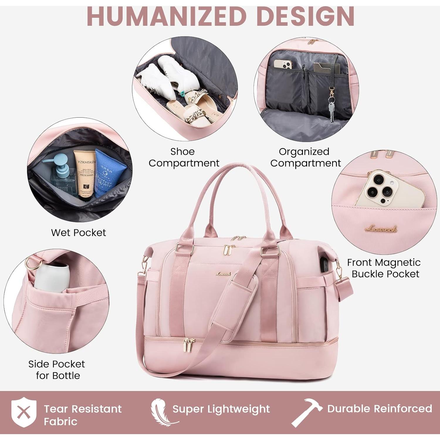 Bolsa de gimnasio LOVEVOOK Rosa Claro con puerto USB y compartimentos