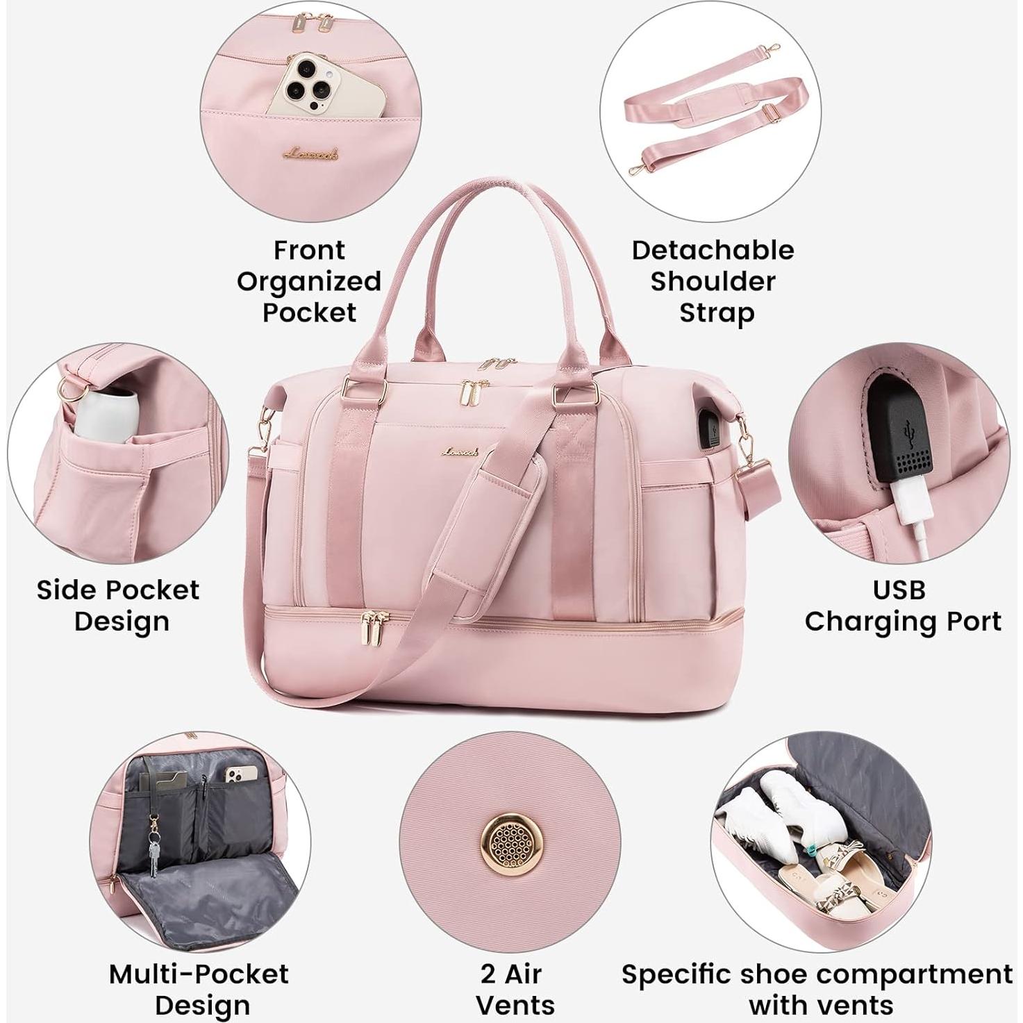 Bolsa de gimnasio LOVEVOOK Rosa Claro con puerto USB y compartimentos