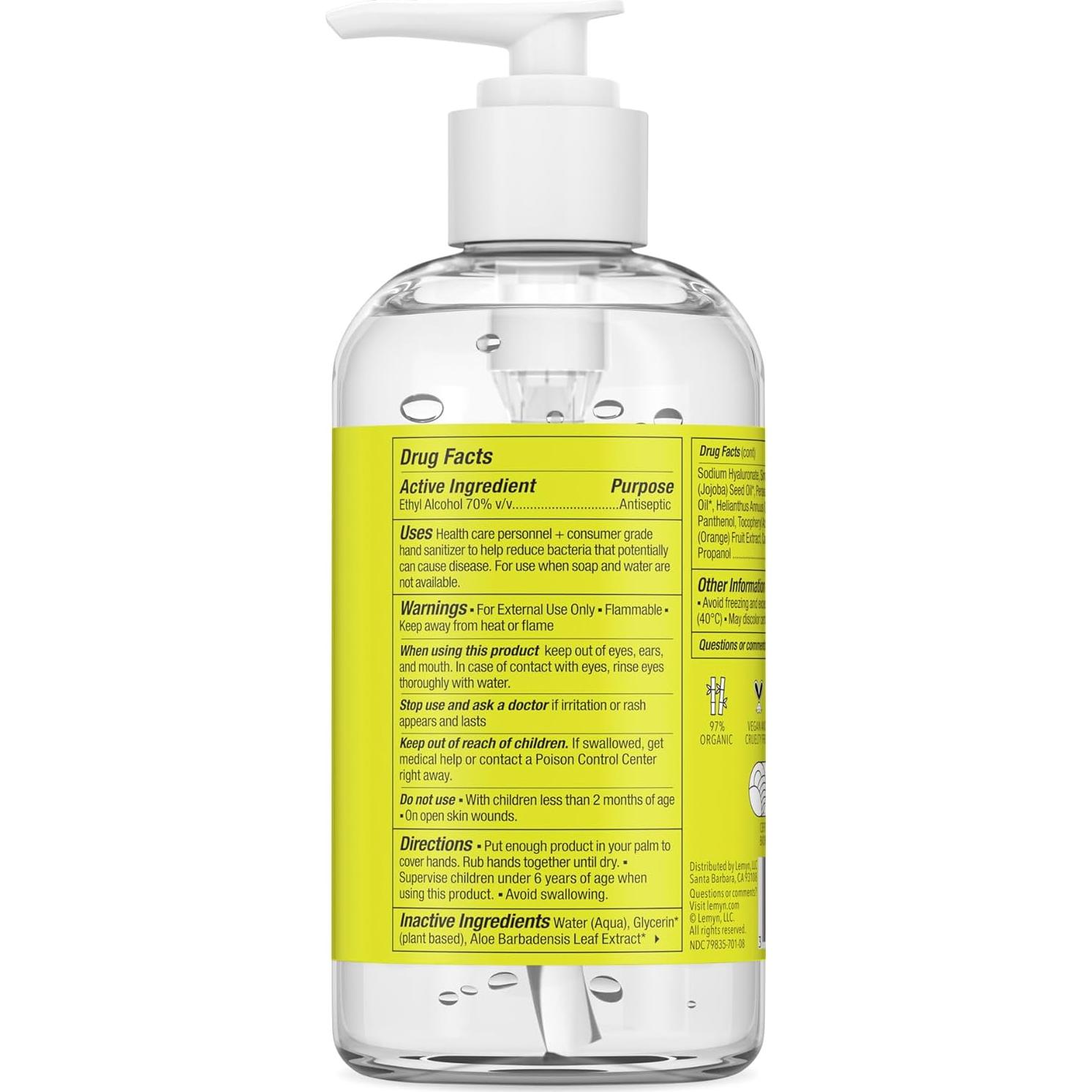 Gel desinfectante de manos Lemyn Organics 236.6 ml 97% orgánico