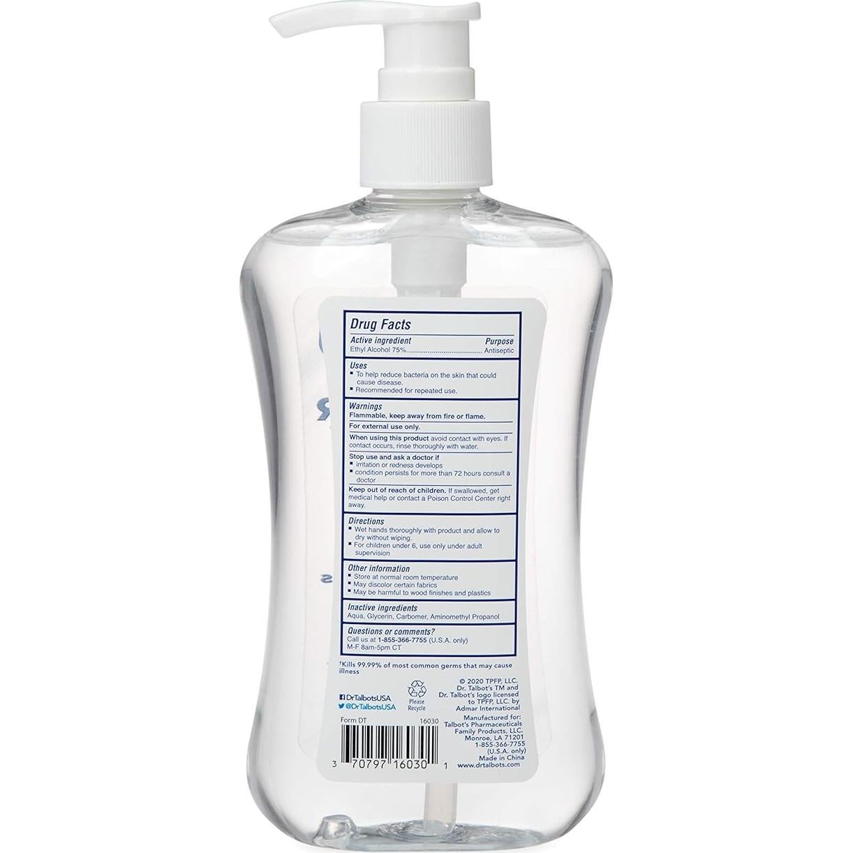 Gel Desinfectante de Manos Dr. Talbot 250 ml Sin Fragancia