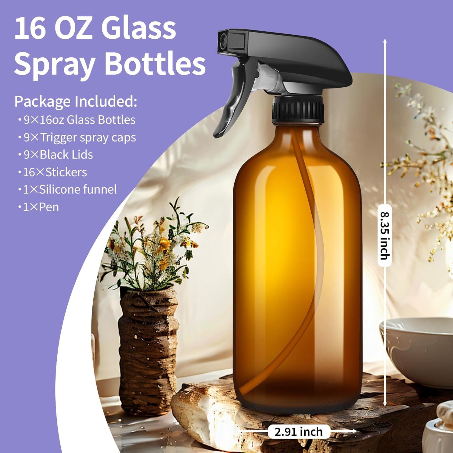 Paquete de 9 Botellas de Spray de Vidrio Ámbar 473ml