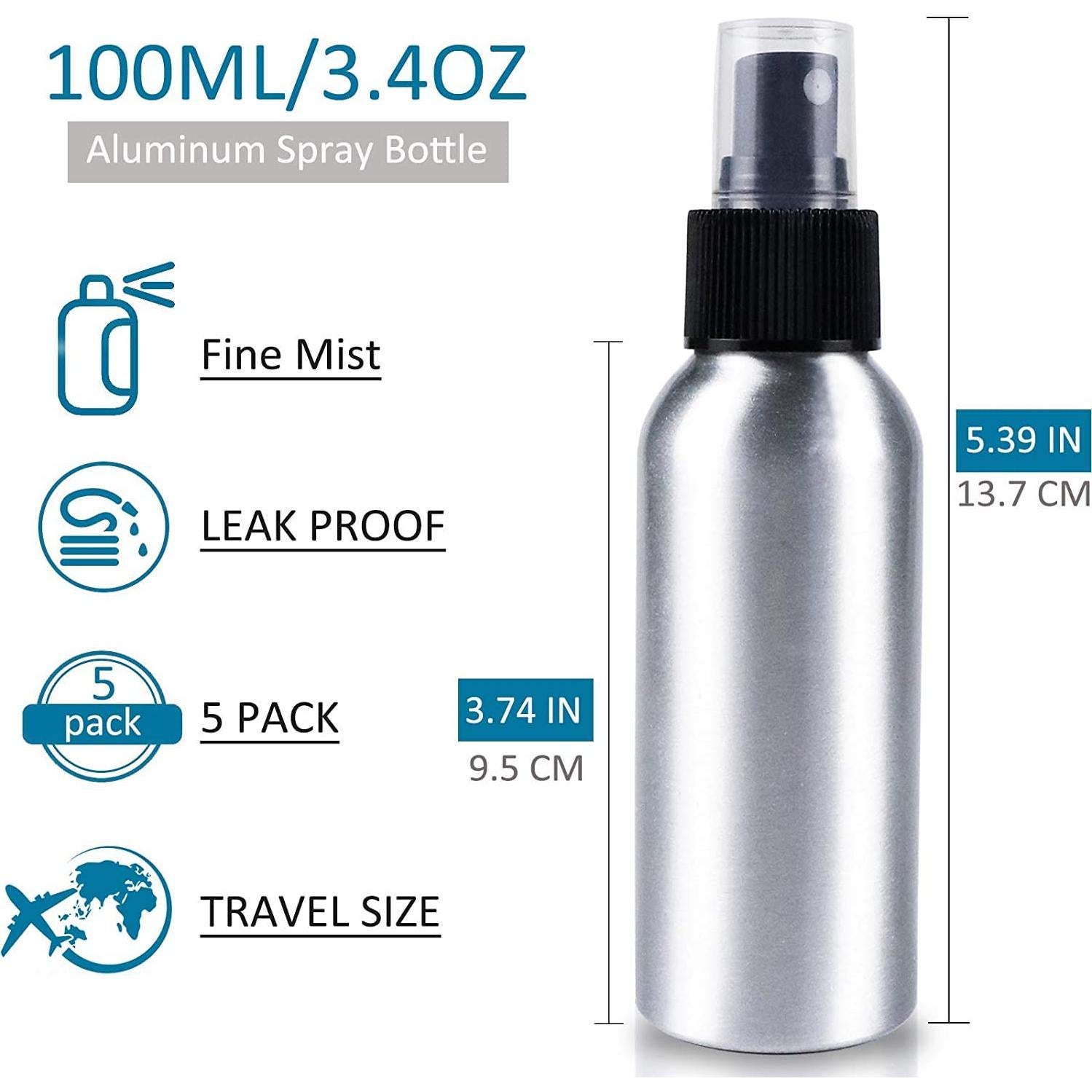 Juego de 5 Botellas de Spray Aluminio 100ml Reutilizables