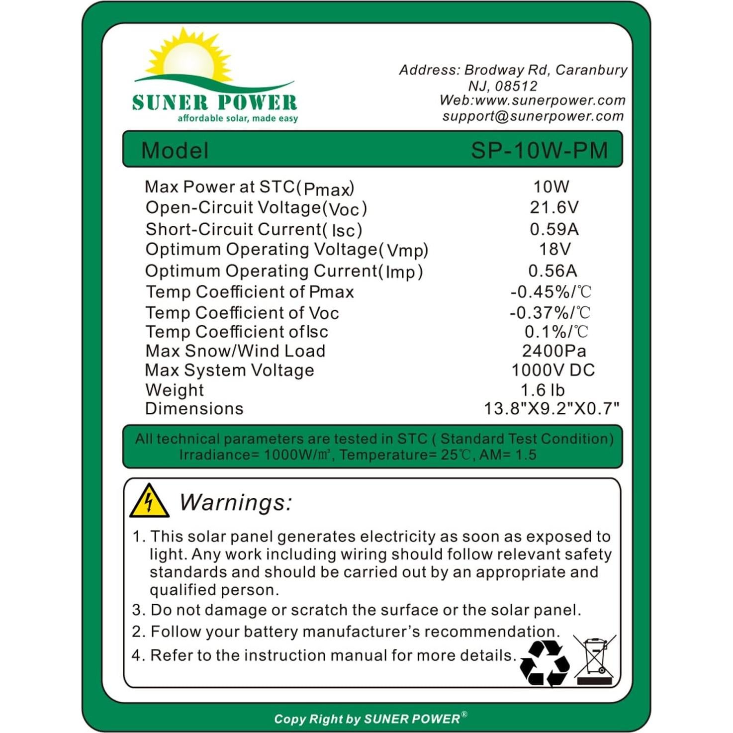 Cargador Solar 10W SUNER POWER + Soporte Tubular