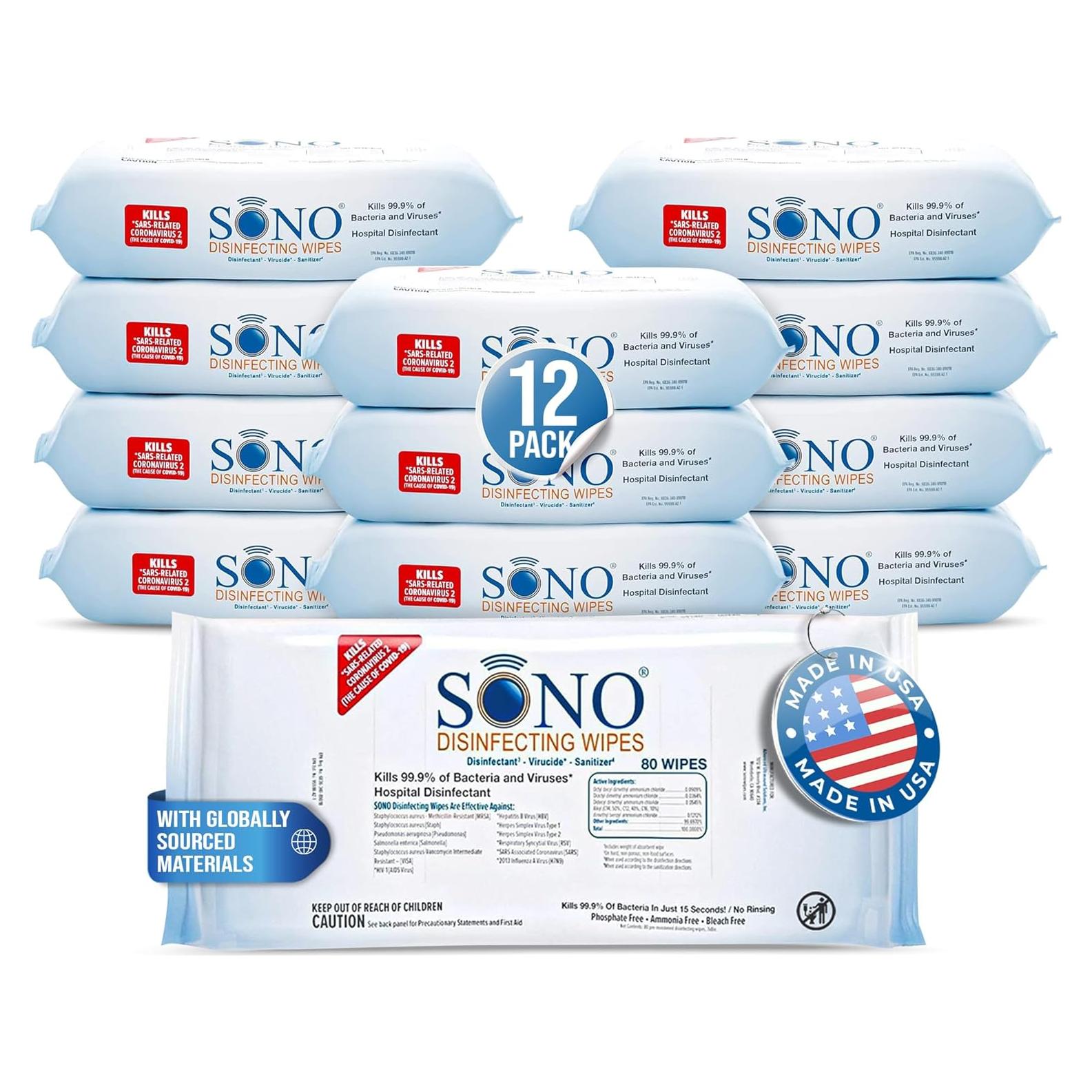 Toallitas Desinfectantes SONO - Grado Médico - 12 Paquetes de 80
