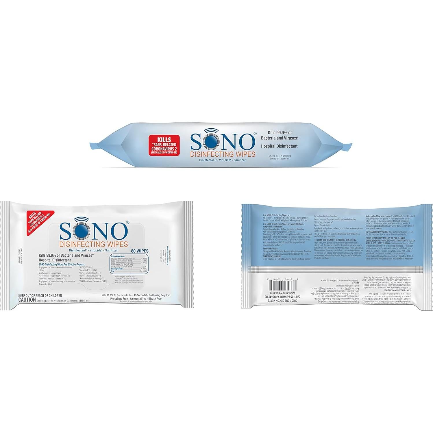 Toallitas Desinfectantes SONO - Grado Médico - 12 Paquetes de 80