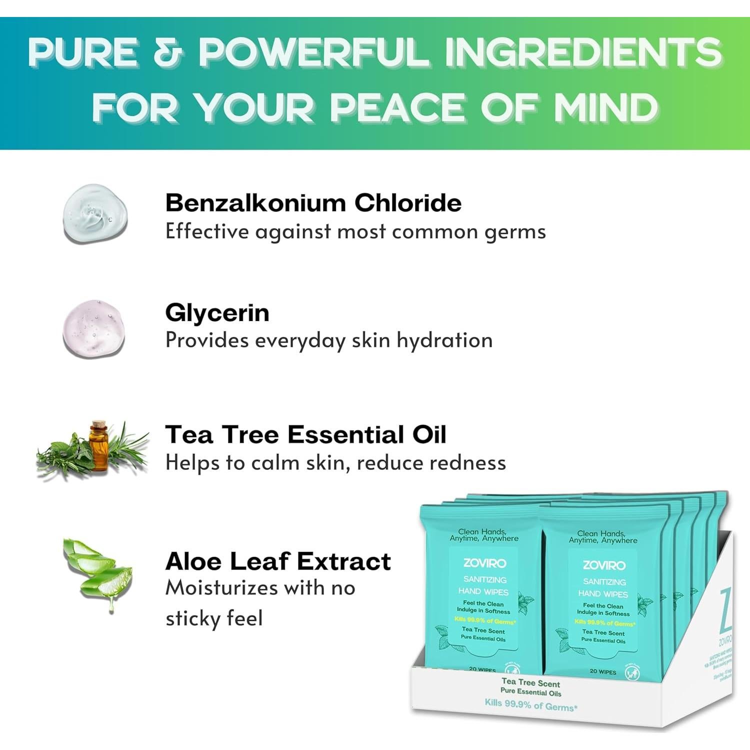 Toallitas Desinfectantes Zoviro 20 Unidades Aroma Árbol de Té