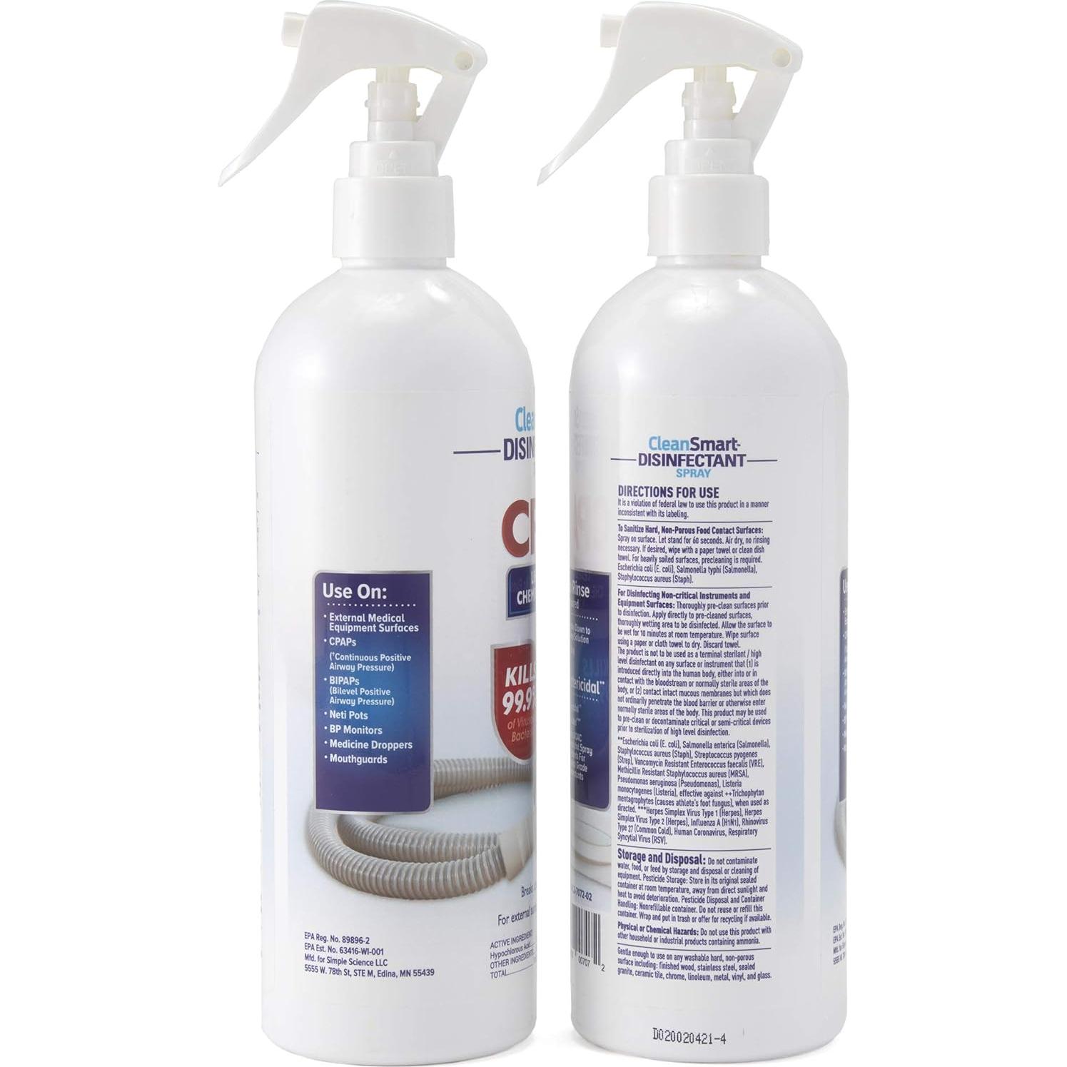 CleanSmart Spray Desinfectante CPAP 16 oz Pack de 2 - 99.9% Bacterias