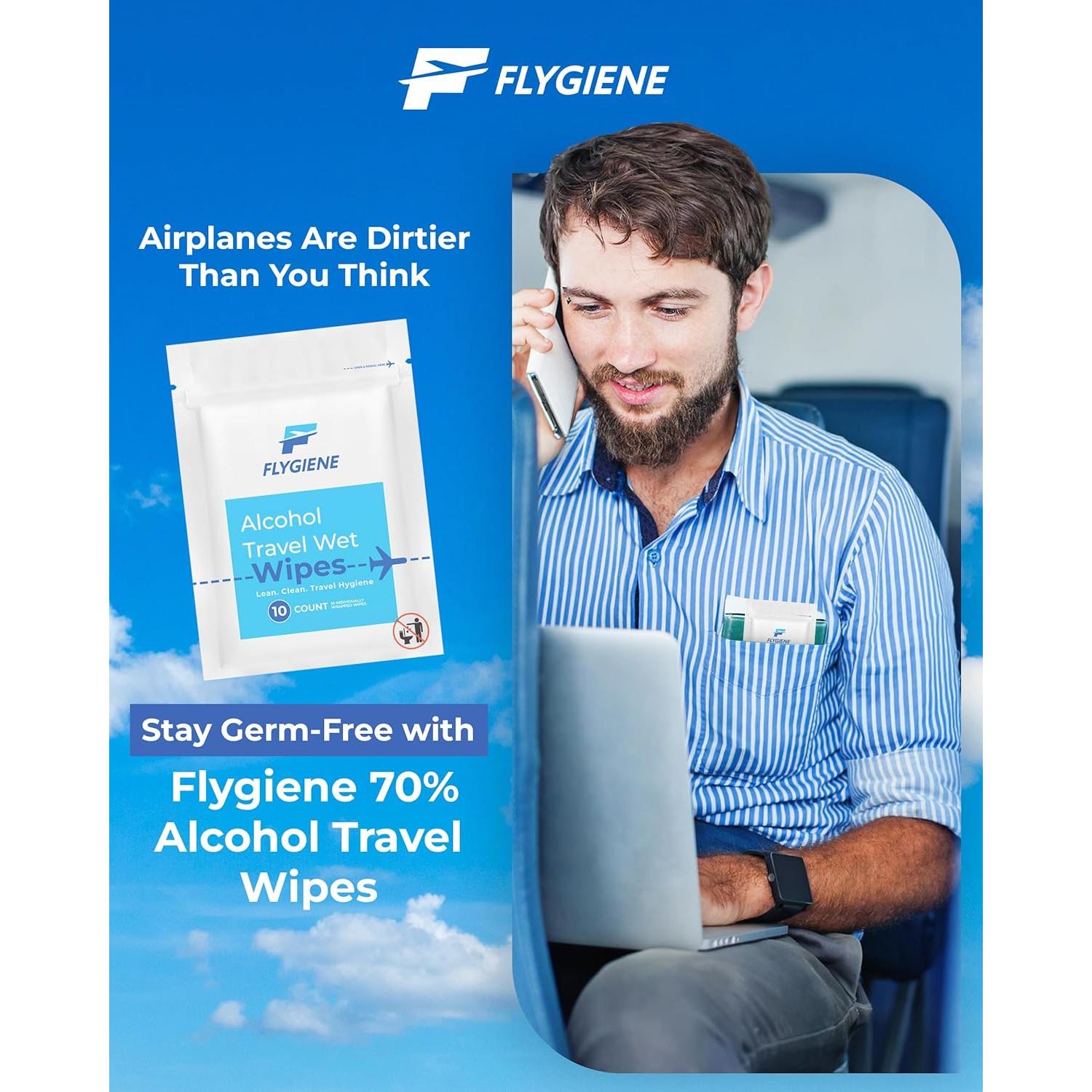 Toallitas Húmedas de Viaje FLYGIENE 70% Alcohol 10 Unidades