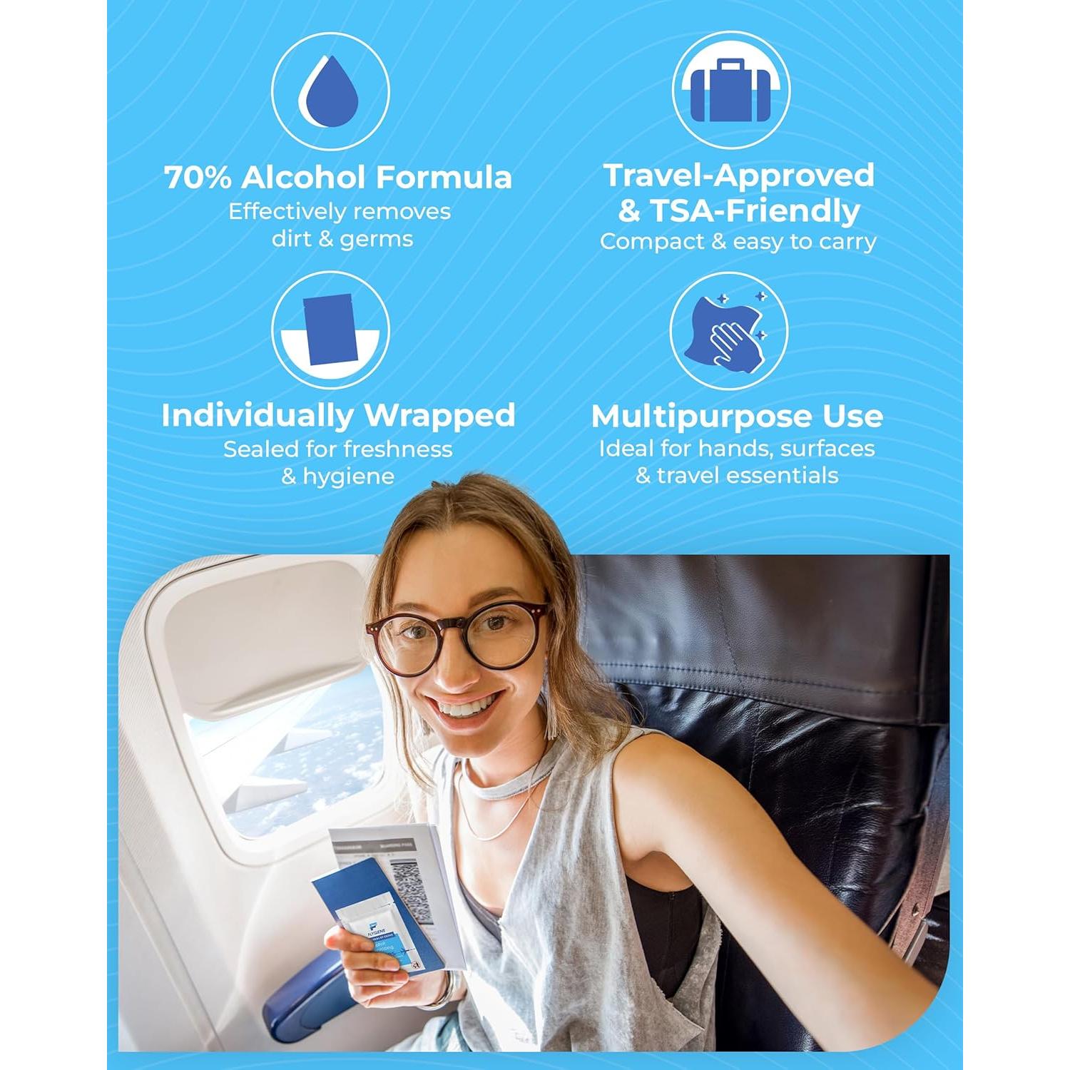 Toallitas Húmedas de Viaje FLYGIENE 70% Alcohol 10 Unidades