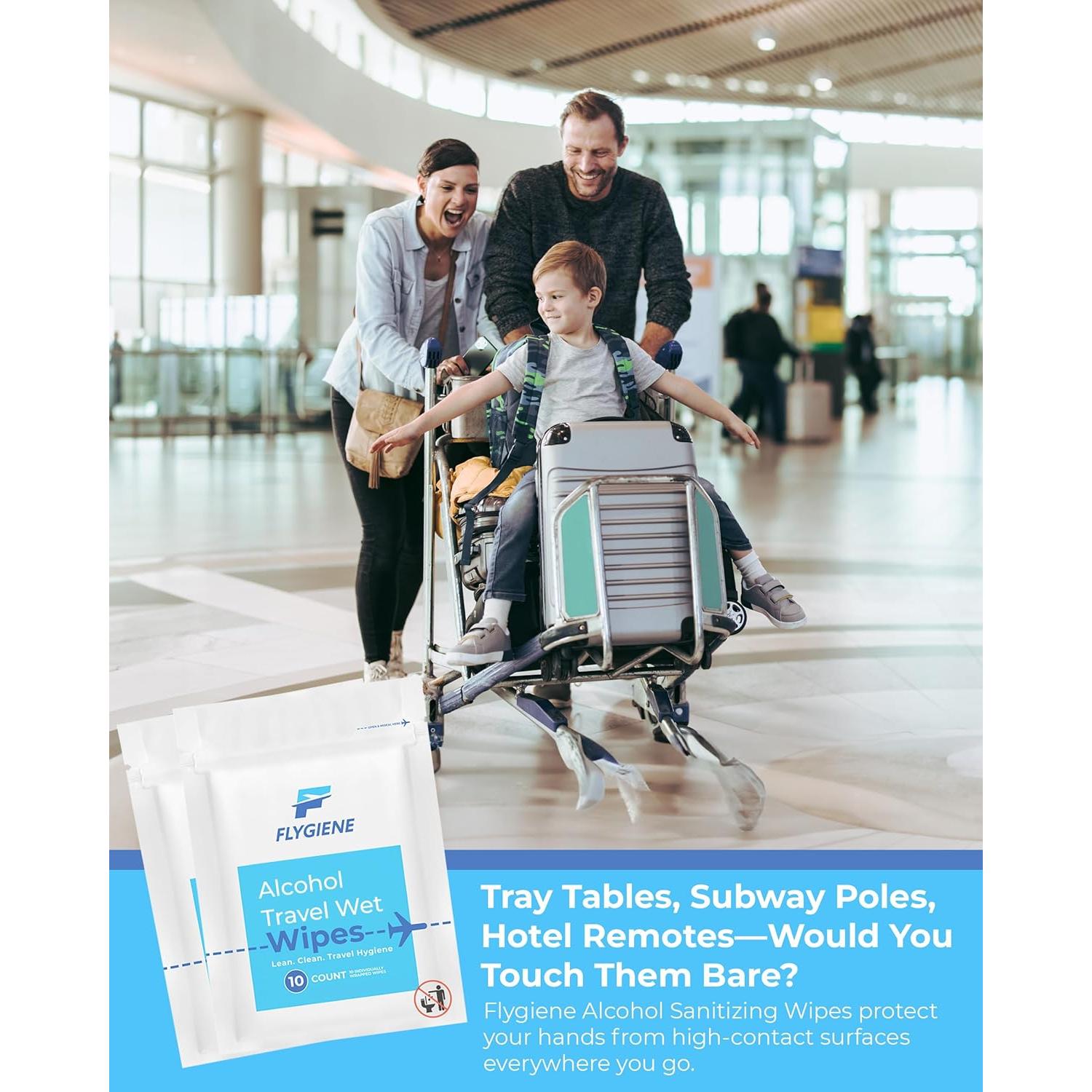 Toallitas Húmedas de Viaje FLYGIENE 70% Alcohol 10 Unidades