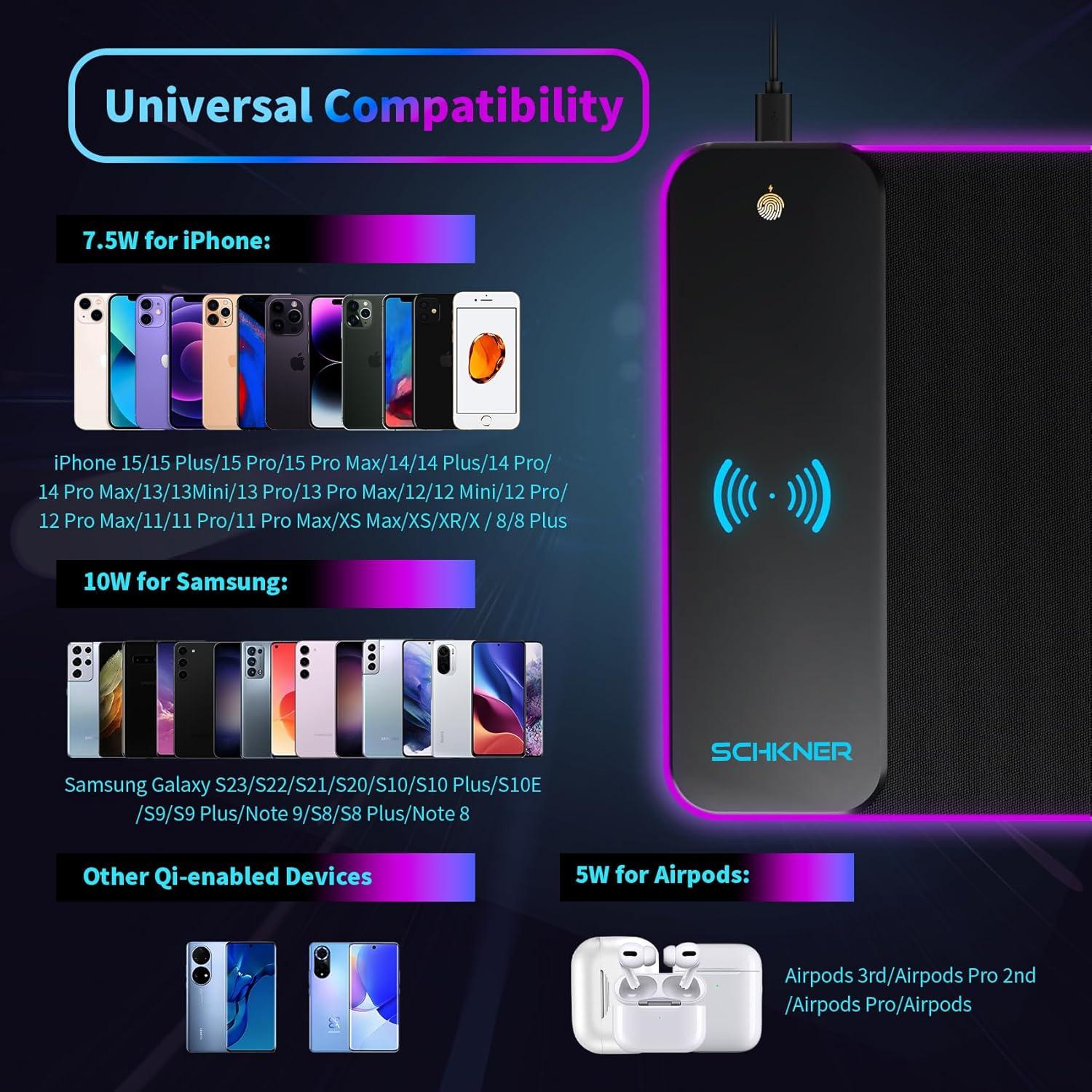 Alfombrilla de Ratón RGB Schkner 800x300mm Carga Inalámbrica 15W