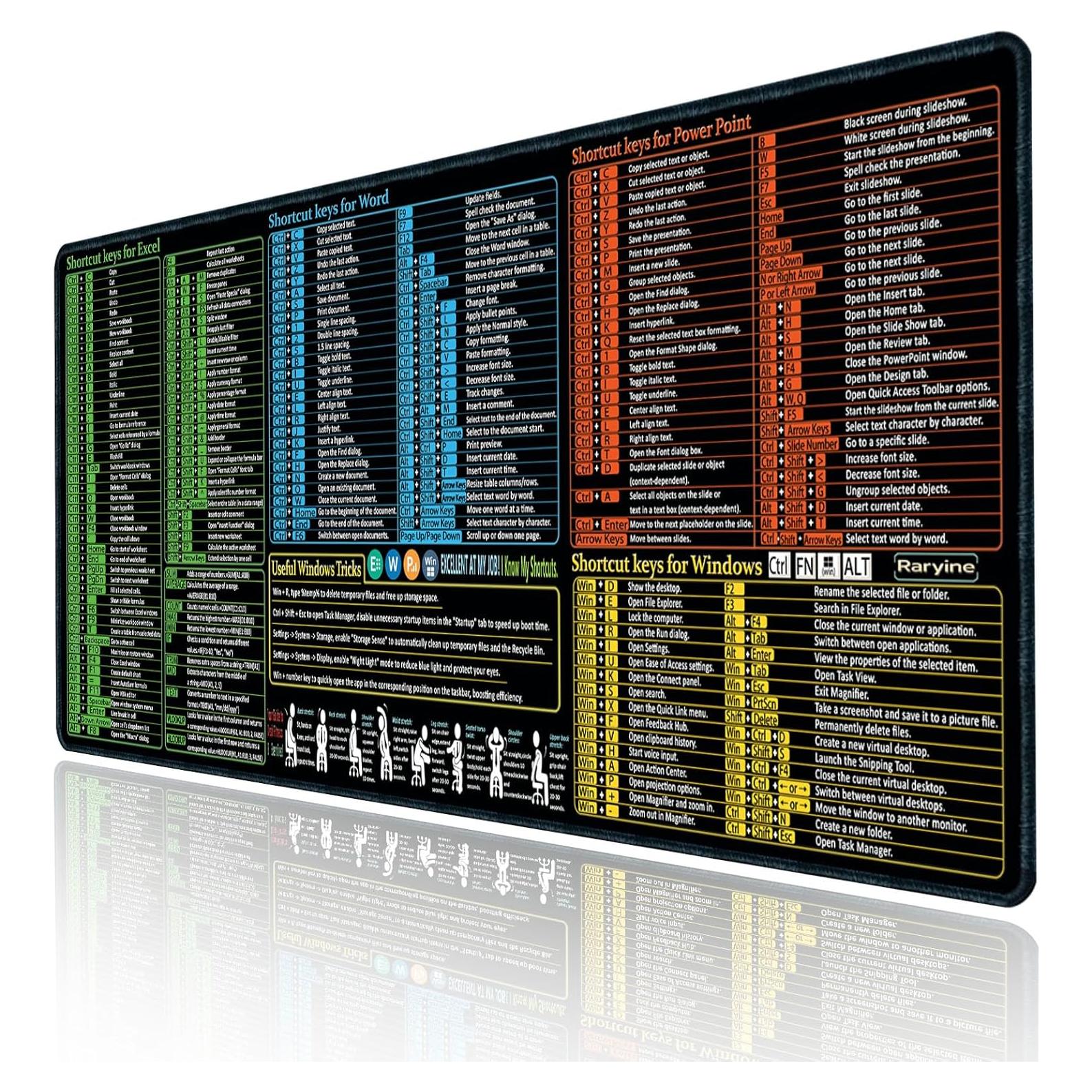 Alfombrilla de Ratón Raryine XXL 90x40 cm con Atajos Excel/Word