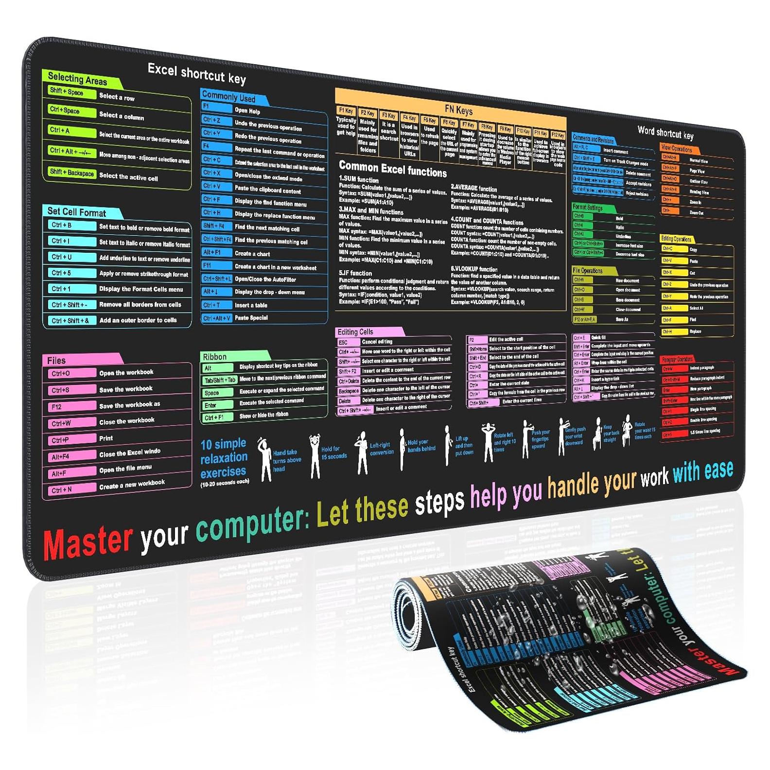 Alfombrilla de escritorio XL Mirspt con atajos de Excel y Word