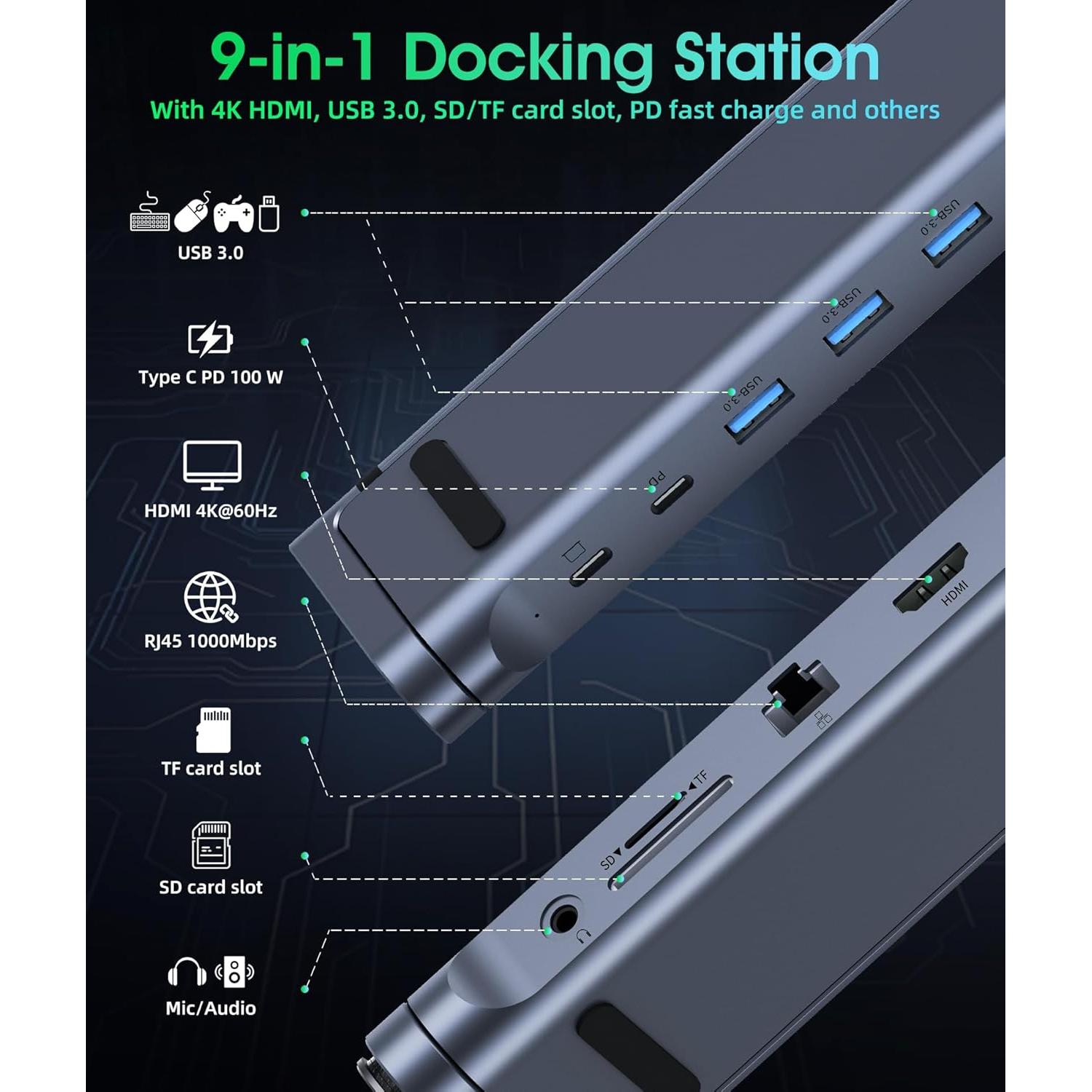 Soporte Docking 9 en 1 BoYata USB-C con HDMI 4K y 3 USB 3.0