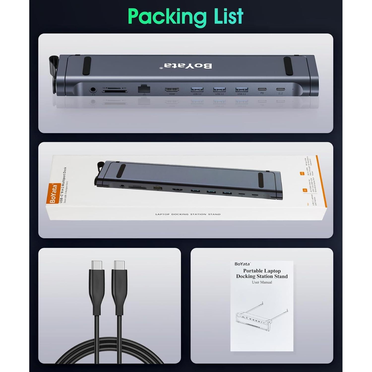 Soporte Docking 9 en 1 BoYata USB-C con HDMI 4K y 3 USB 3.0