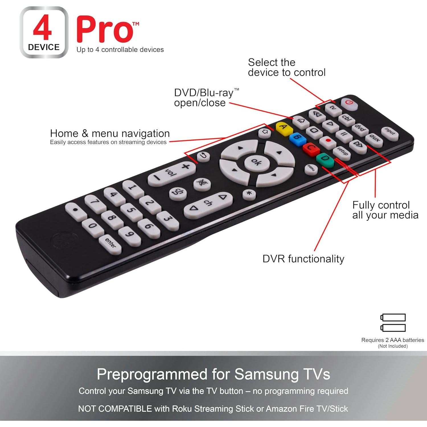 Control Remoto Universal GE para 4 Dispositivos - Negro