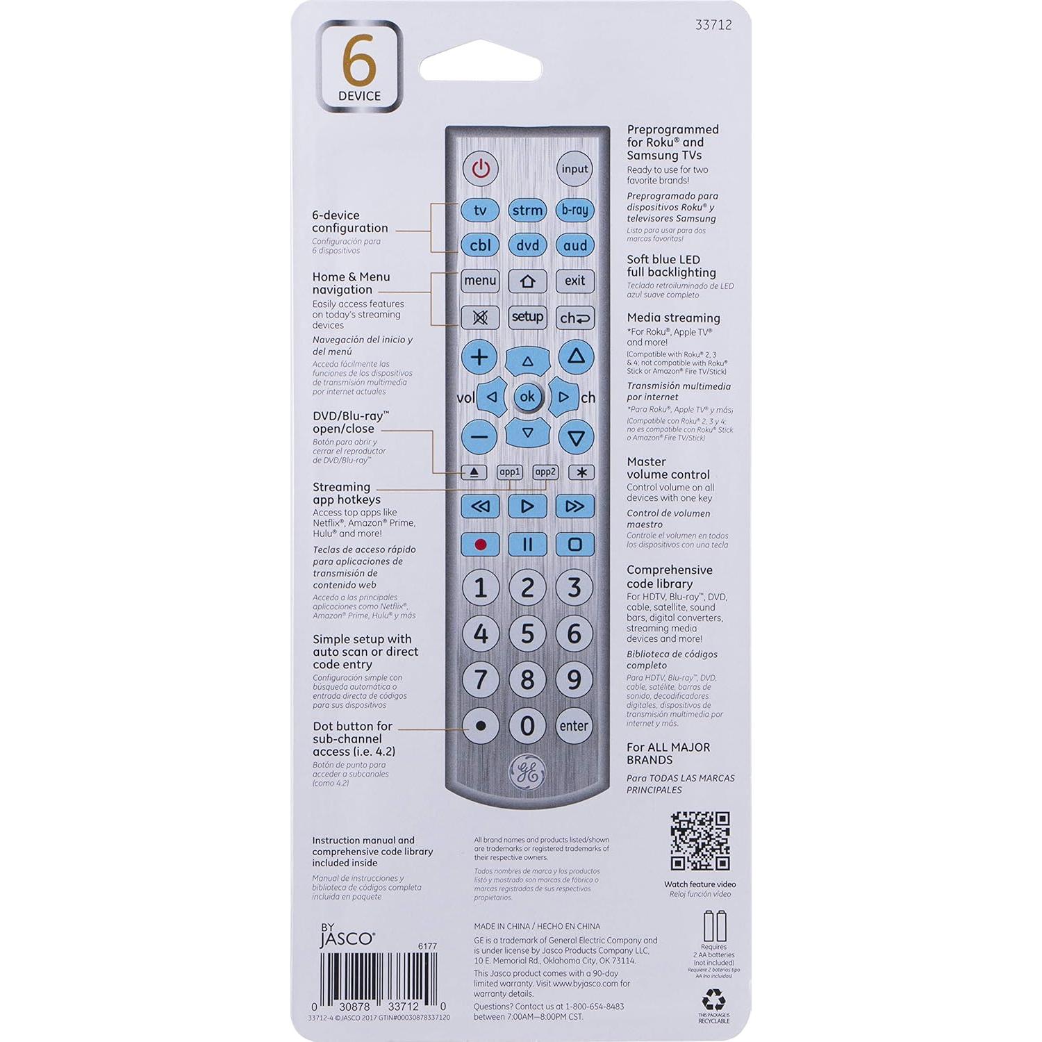 Control Remoto Universal GE 6 Dispositivos Retroiluminado