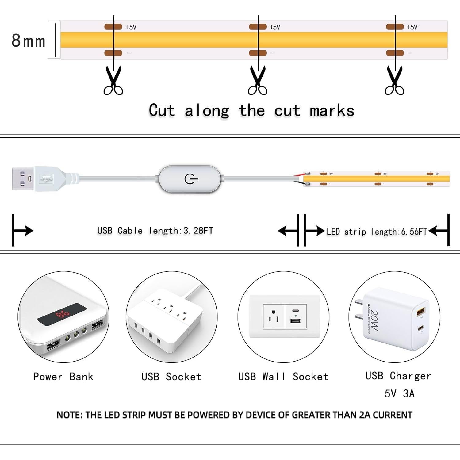 Tira LED COB 2m 3000K UVTaoYuan USB Regulable 10W