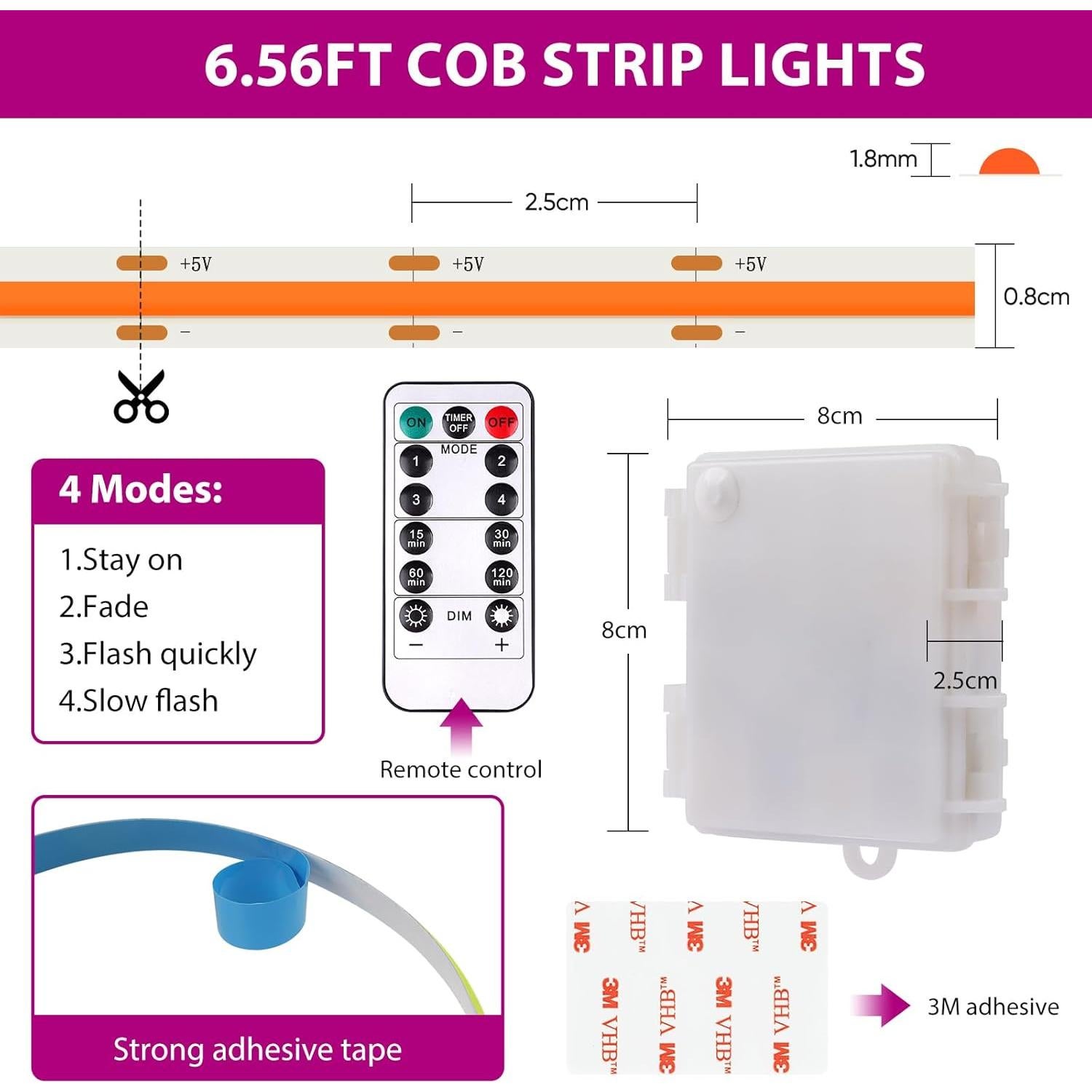 Luz de tira LED COB OMIKA Rosa 2.00m 640LED Inalámbrica