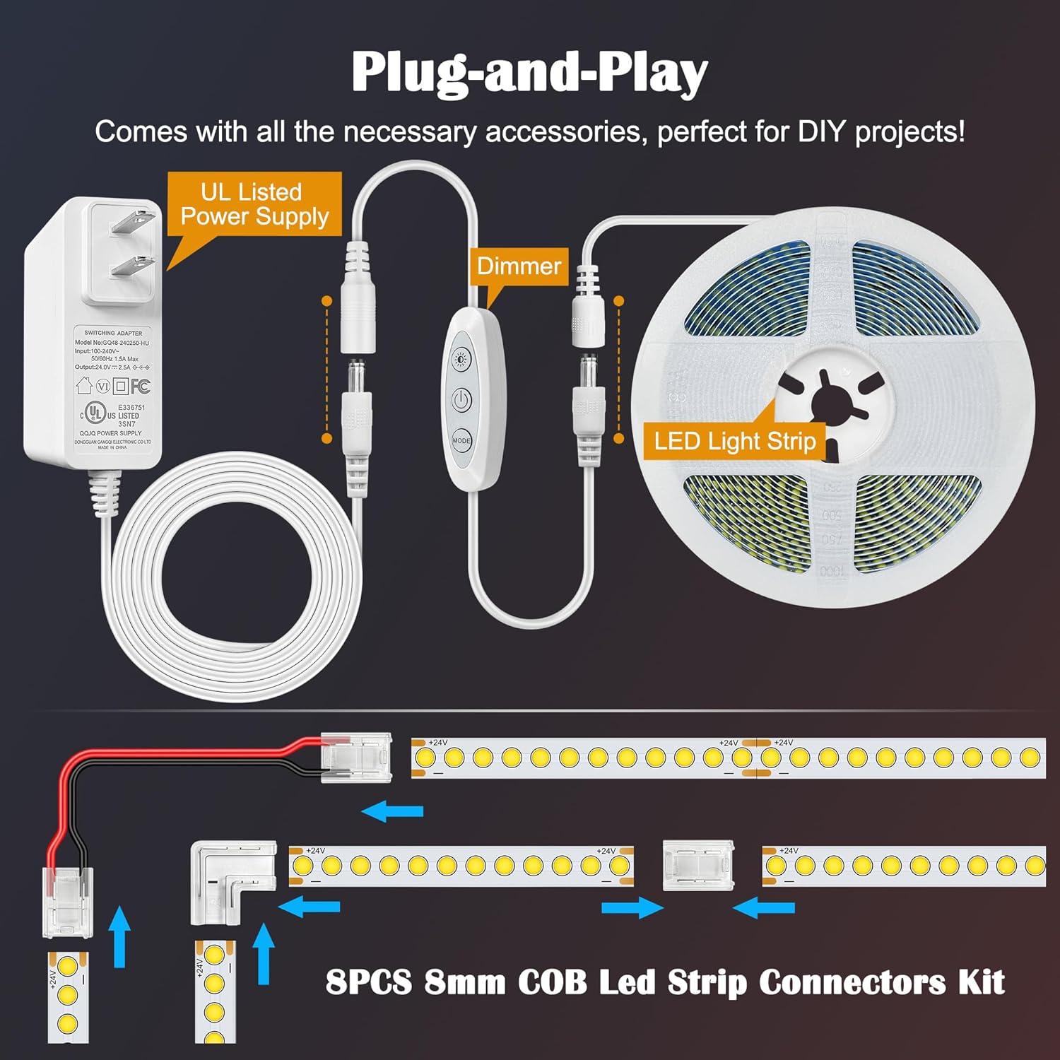Tira de LED COB 5m QooWare 4000K Regulable 910 LEDs Blanca