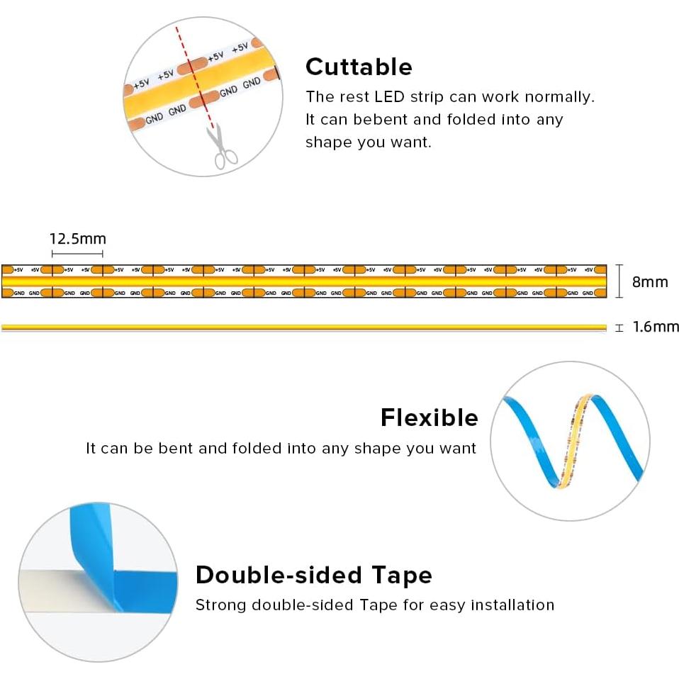 Tira LED FCOB BTF-LIGHTING 2m USB 640 LEDs Blanco Cálido 3000K