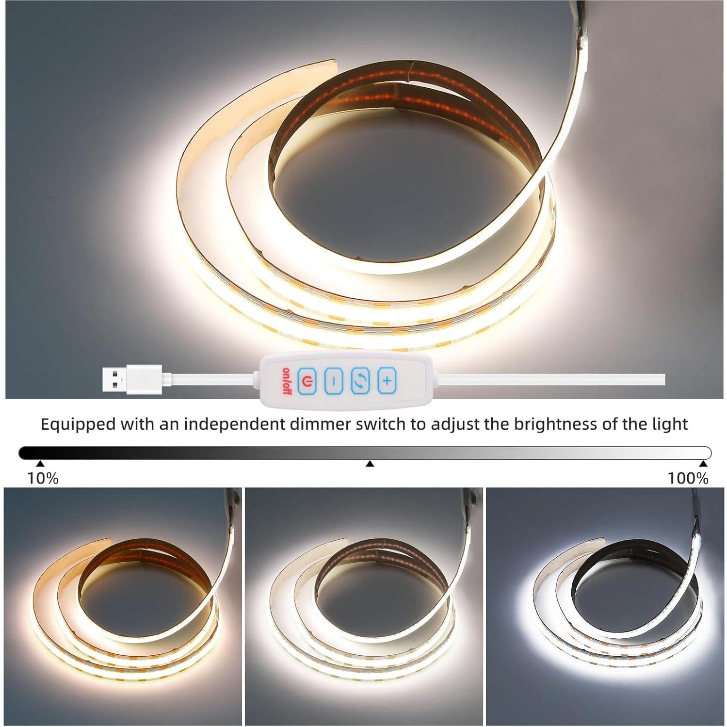 Tira de Luz LED COB 5V USB 1m 640 LEDs Regulable 6000K