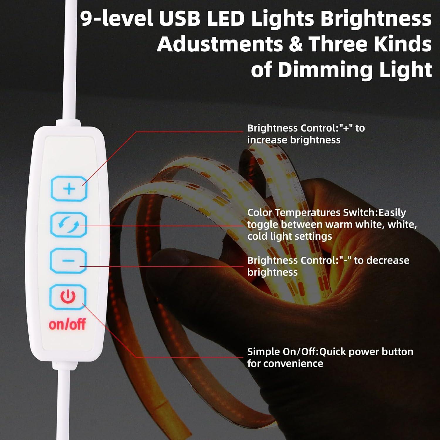 Tira de Luz LED COB 5V USB 1m 640 LEDs Regulable 6000K