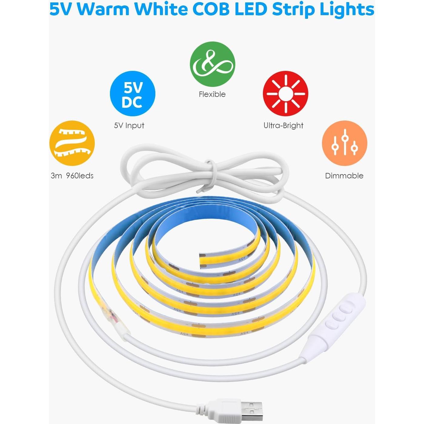 Tira LED COB Aclorol 3.00m Cálido Blanco USB Regulable 960 LEDs