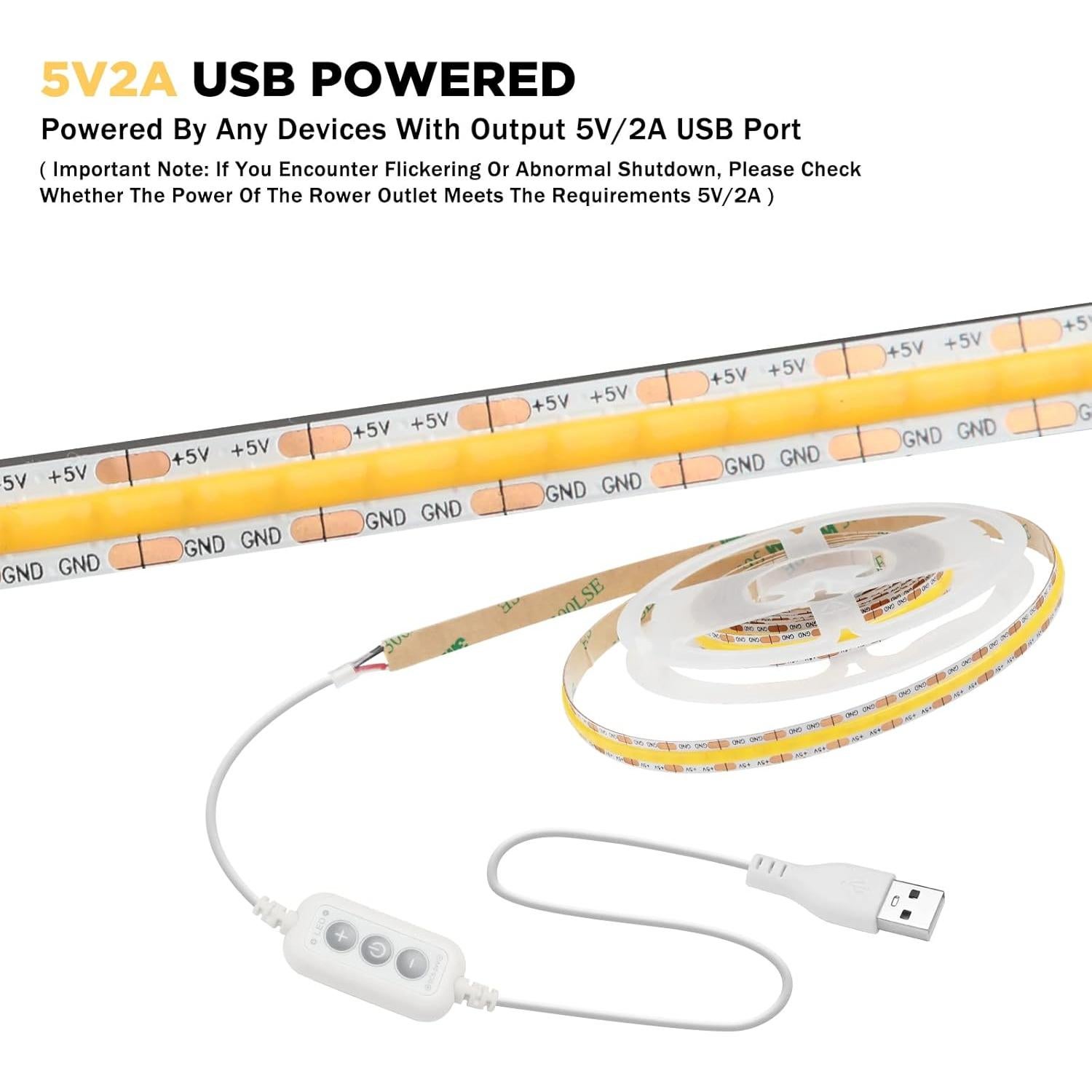 Tira de luces LED COB USB 1.5m 3000K QiGe regulable 480LEDs