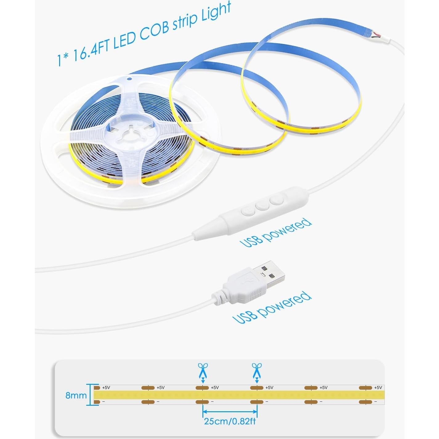 Tira de Luz LED COB 5M Blanca Fría USB Samsion 320 LEDs/M