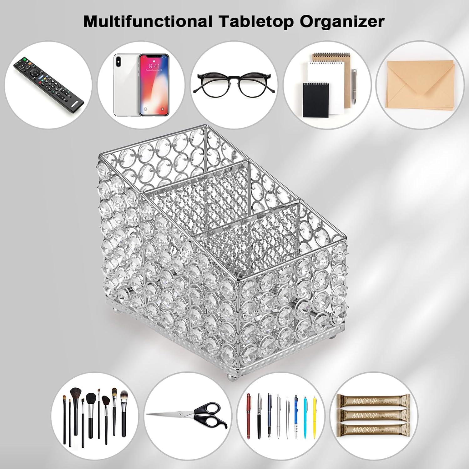 Soporte de Control Remoto Sumnacon de Cristal Plateado con 3 Compartimentos