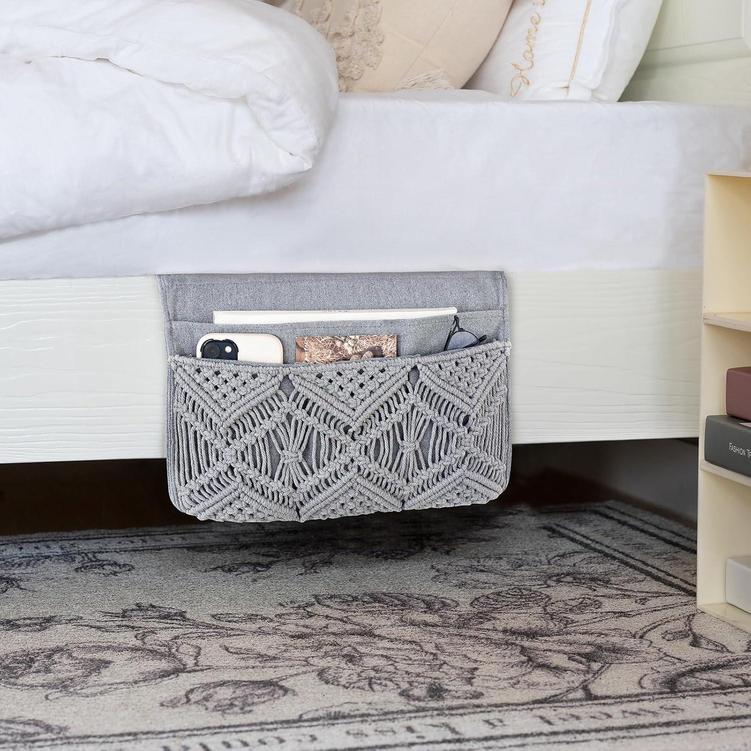 Caddy de Macramé Mkono para Almacenamiento Lado de Cama Gris