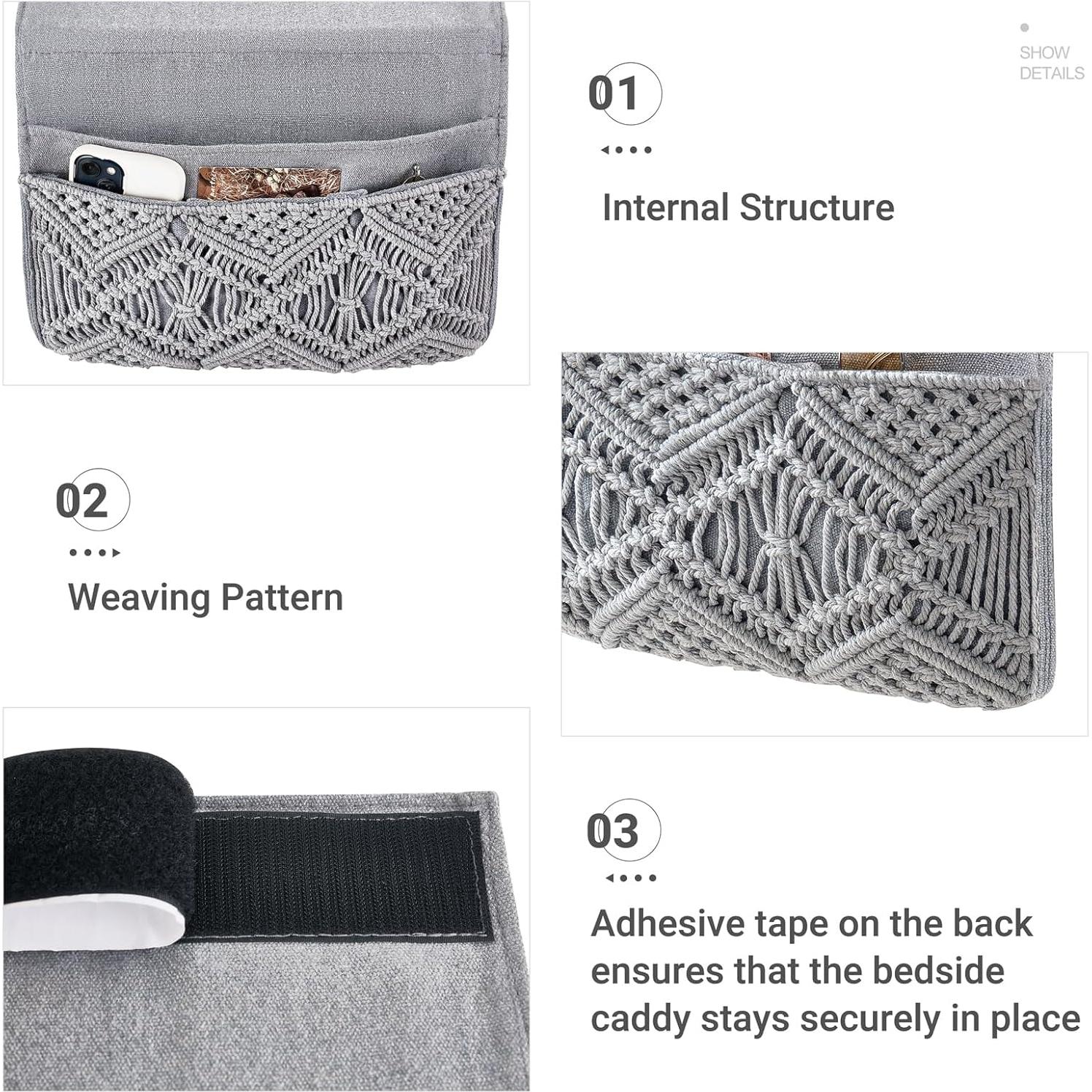 Caddy de Macramé Mkono para Almacenamiento Lado de Cama Gris