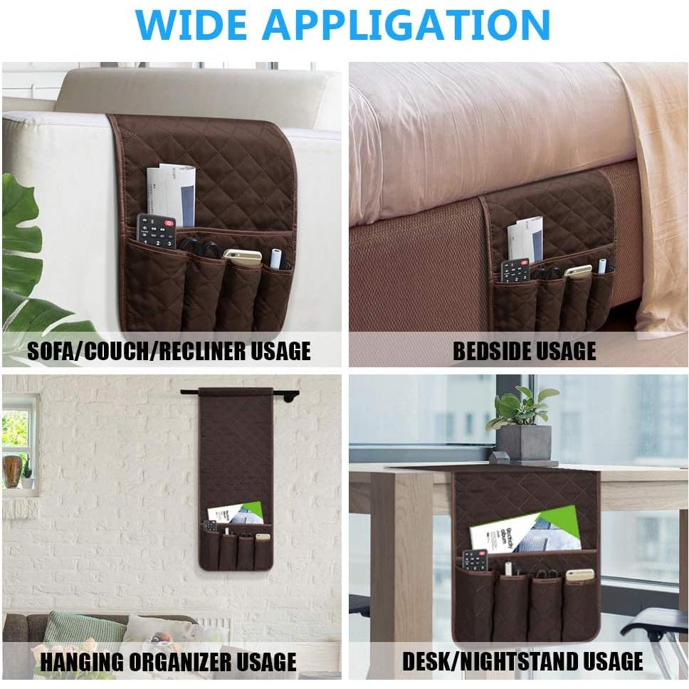 Sofa Armrest Organizer Non-Slip Arm Chair Bedside Caddy Storage Organizer for Recliner Couch with 5 Pockets for Cell Phone TV Remote Control Magazines(Coffee)