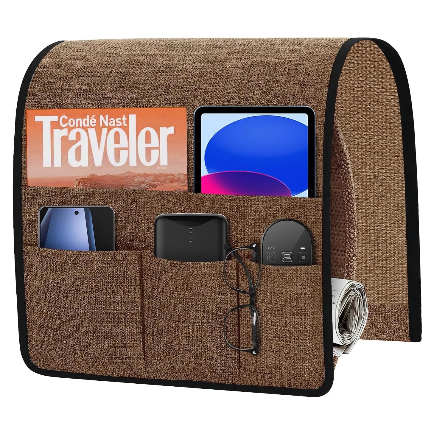 Organizador de Reposabrazos Joywell Marrón - Caddy para Sofá con 5 Bolsillos