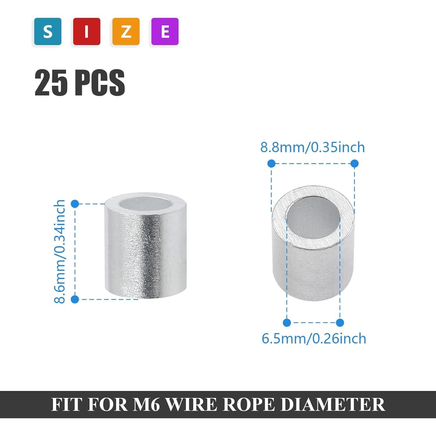 25 Manguitos de Aluminio para Cable de Alambre 6mm Auvotuis