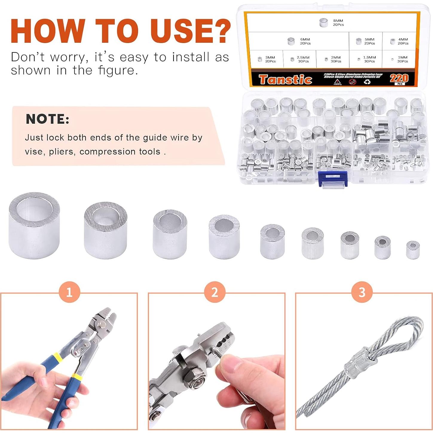 Kit de 220 Manguitos de Aluminio Crimpado Tanstic - 9 Tamaños