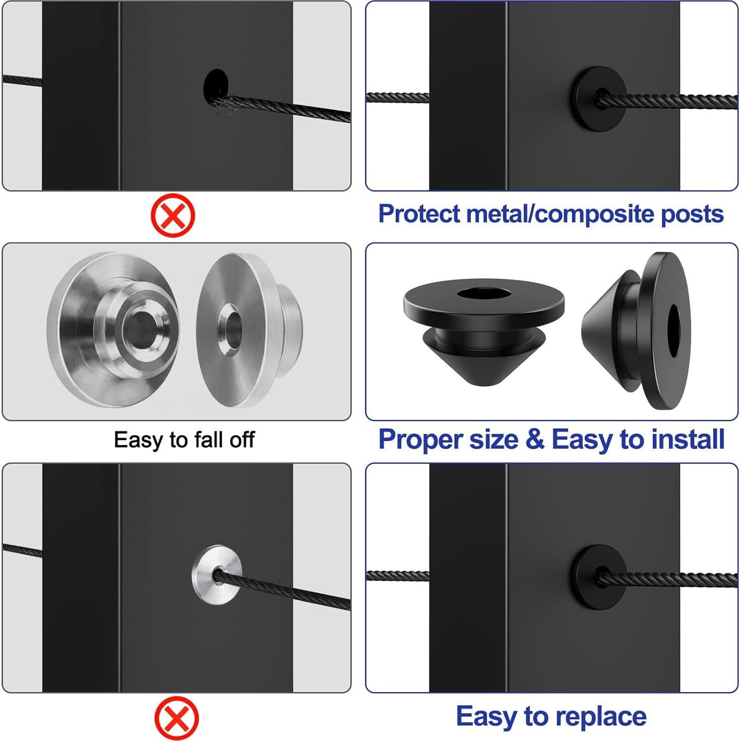 Grommets de Goma BLIKA 200 Piezas para Barandillas de Cable