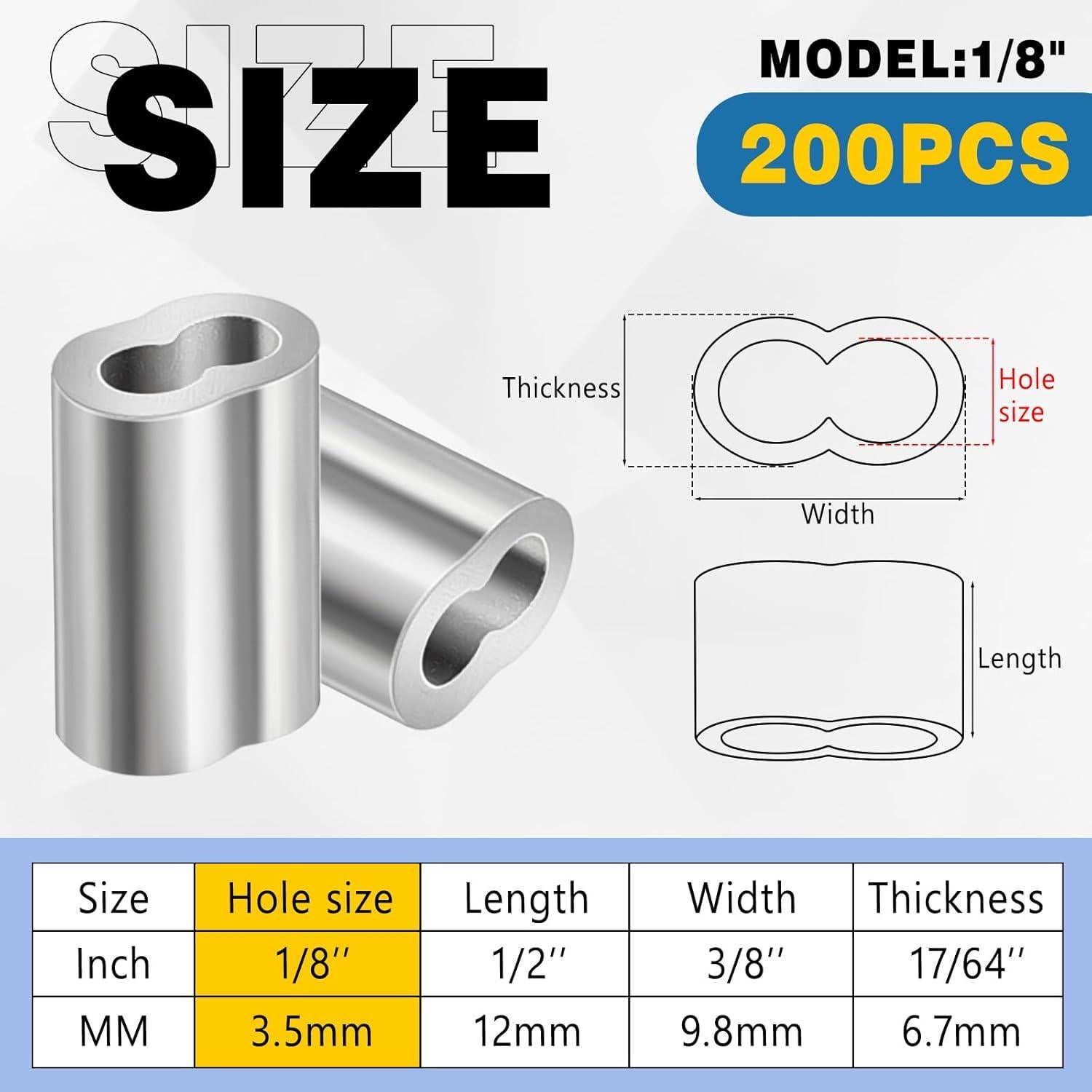 200 Manguitos de Aluminio para Crimpado de Cables 1/8" Yaocom