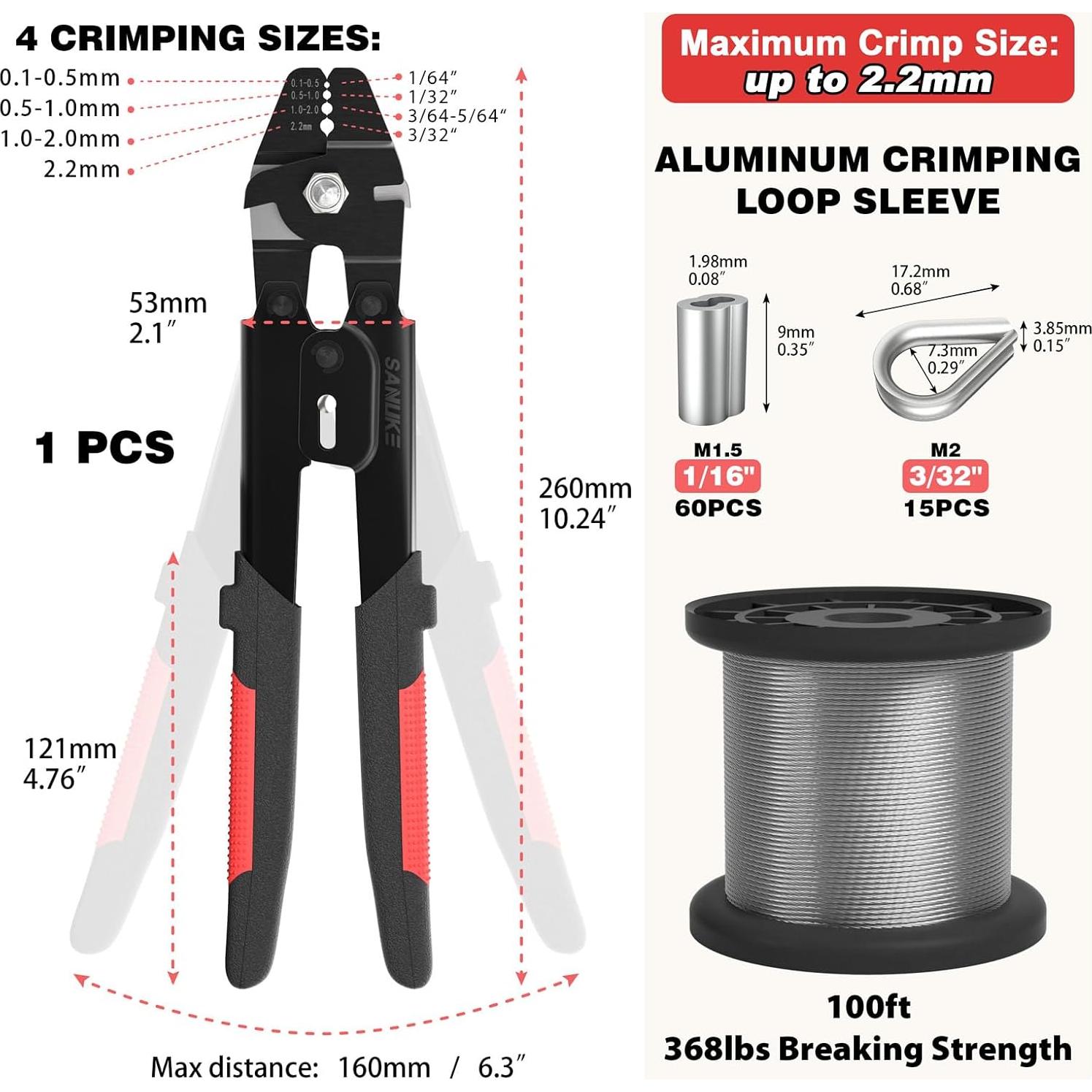 Kit de Crimpado Sanuke con 30.48m Cable Acero Inoxidable 1/16"