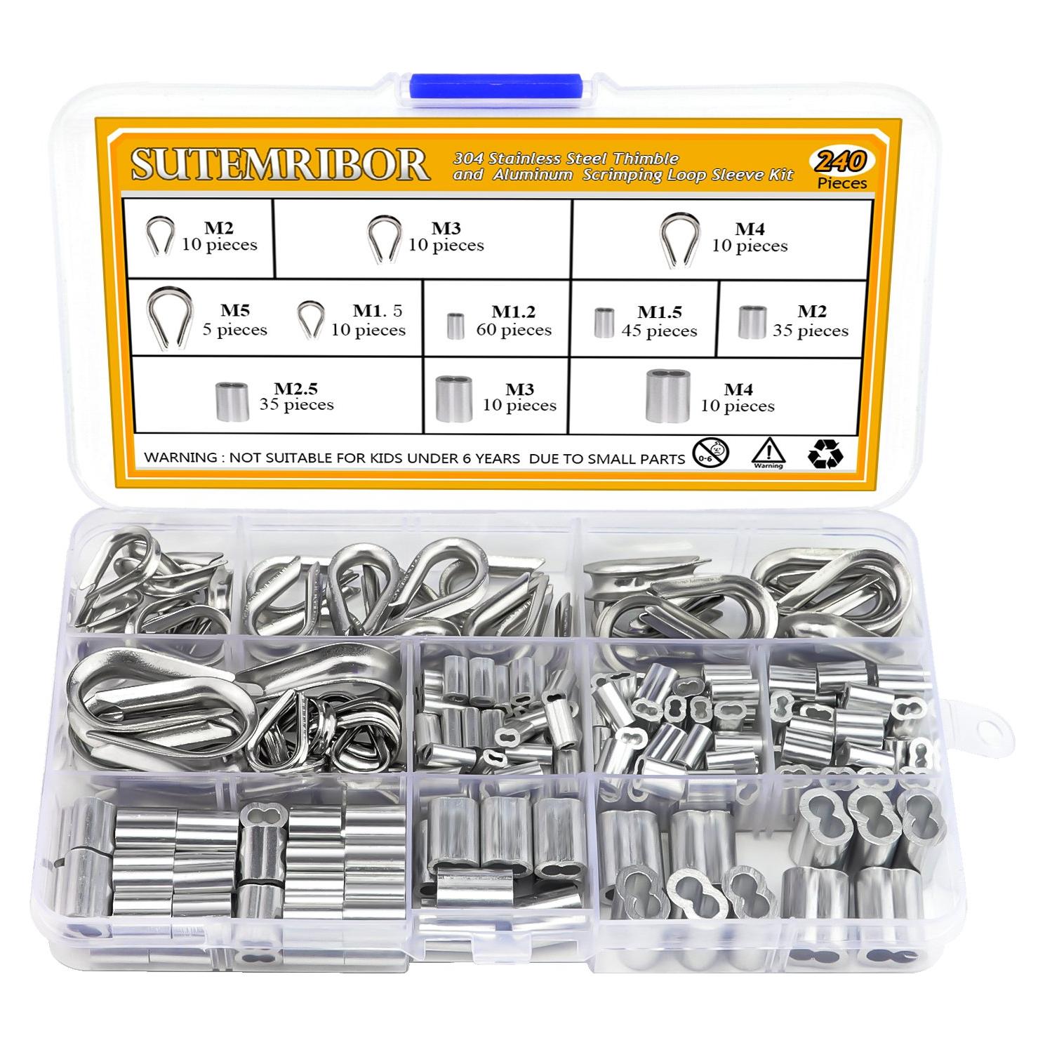 Kit de 240 Piezas Ojetes de Cable Acero Inoxidable 304 y Aluminio