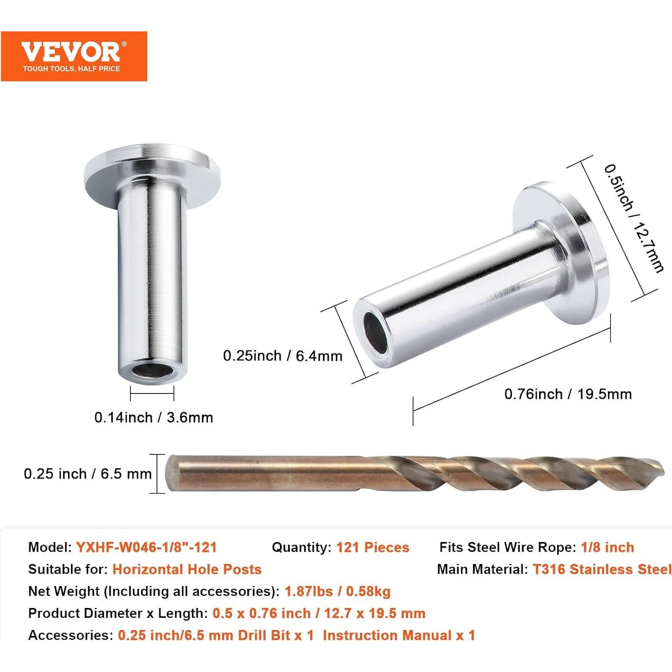 Kit de Manguitos Protectores VEVOR T316 para Cable 1/8" - 121 Piezas